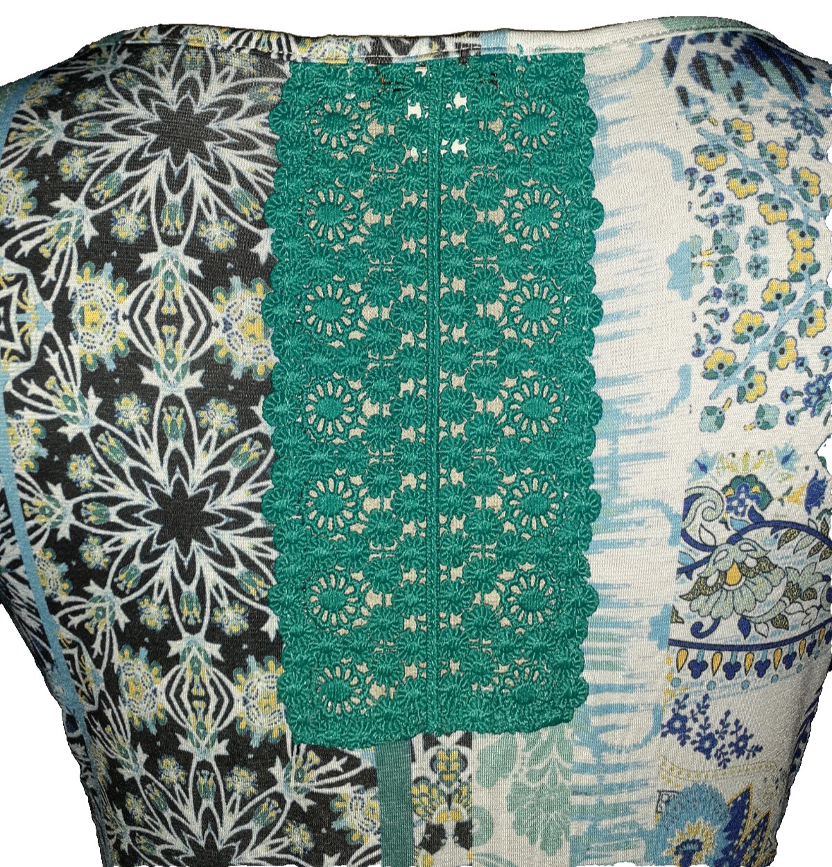 ONE WORLD Size L Maxi Dress Blue White Yellow Floral Sleeveless Stretch Knit
