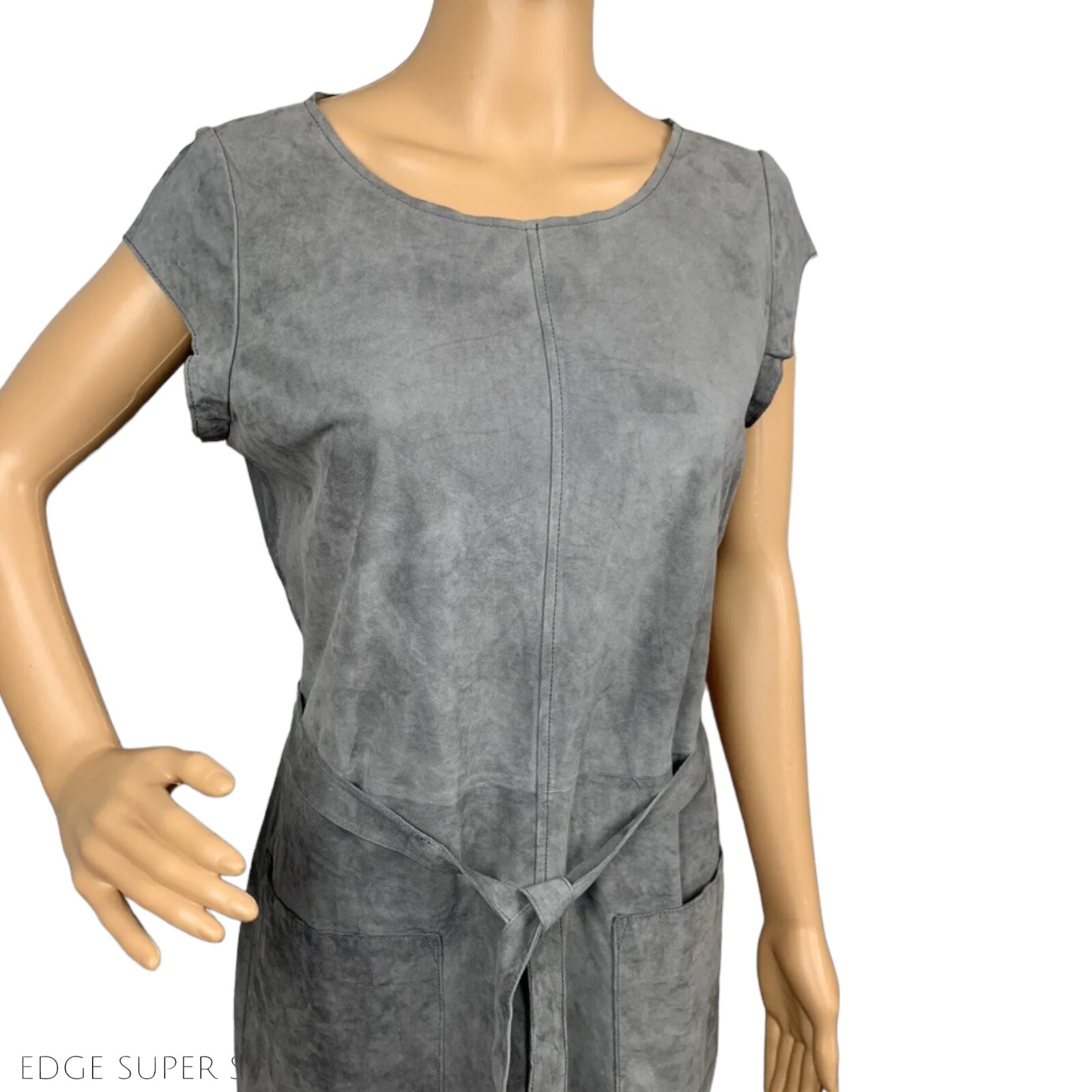 Joie Gray Short Sleeve Belted Pocket Goat Leather Suede Casual Dress Size Small