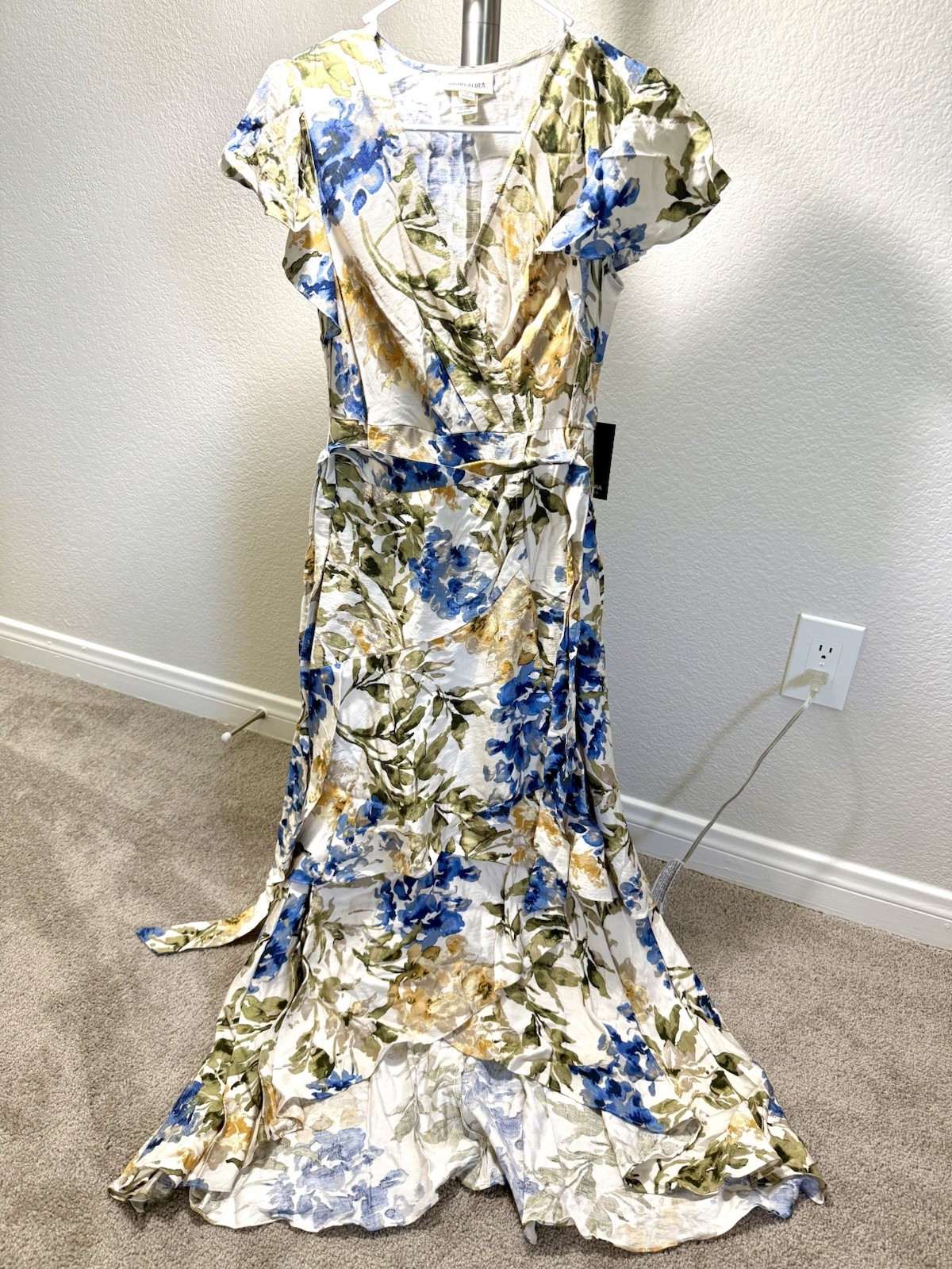 Women’s Floral Long Dress Short Sleeve Size S White Blue Beige Green
