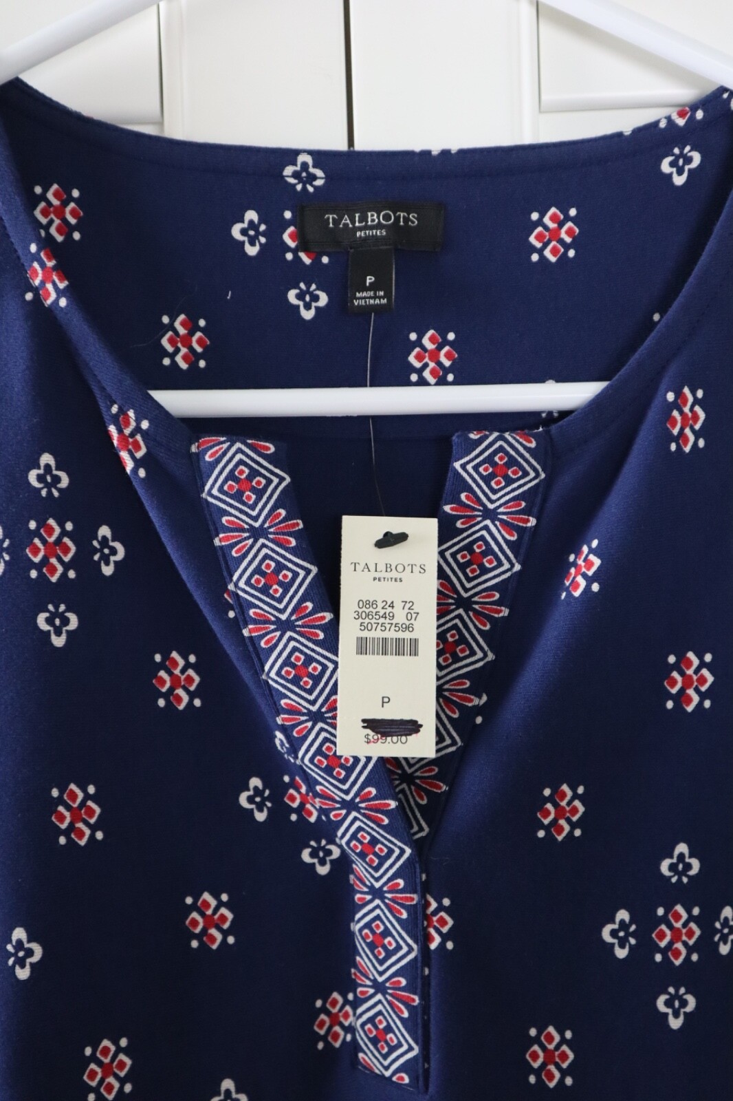 TALBOTS NWT $99 Navy Stretch V-Neck Border Hem Printed Tank Dress Size Petite