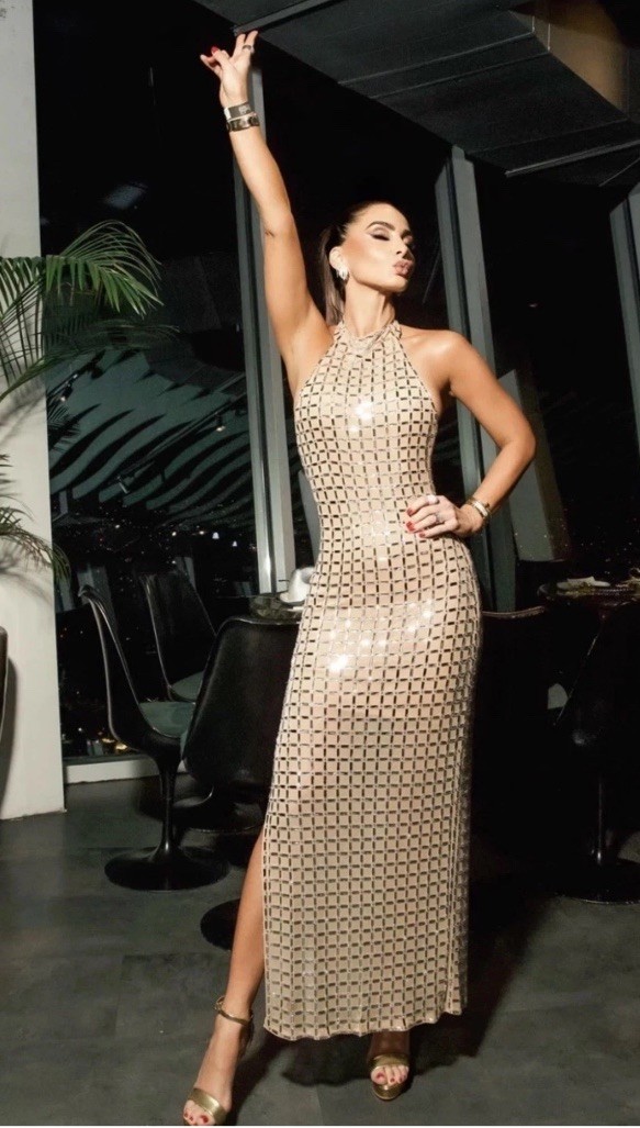 Zara FW25 Nude Sparkly Appliqué Mesh Halter Long Dress Size S,L,XL 4772/264 NWT