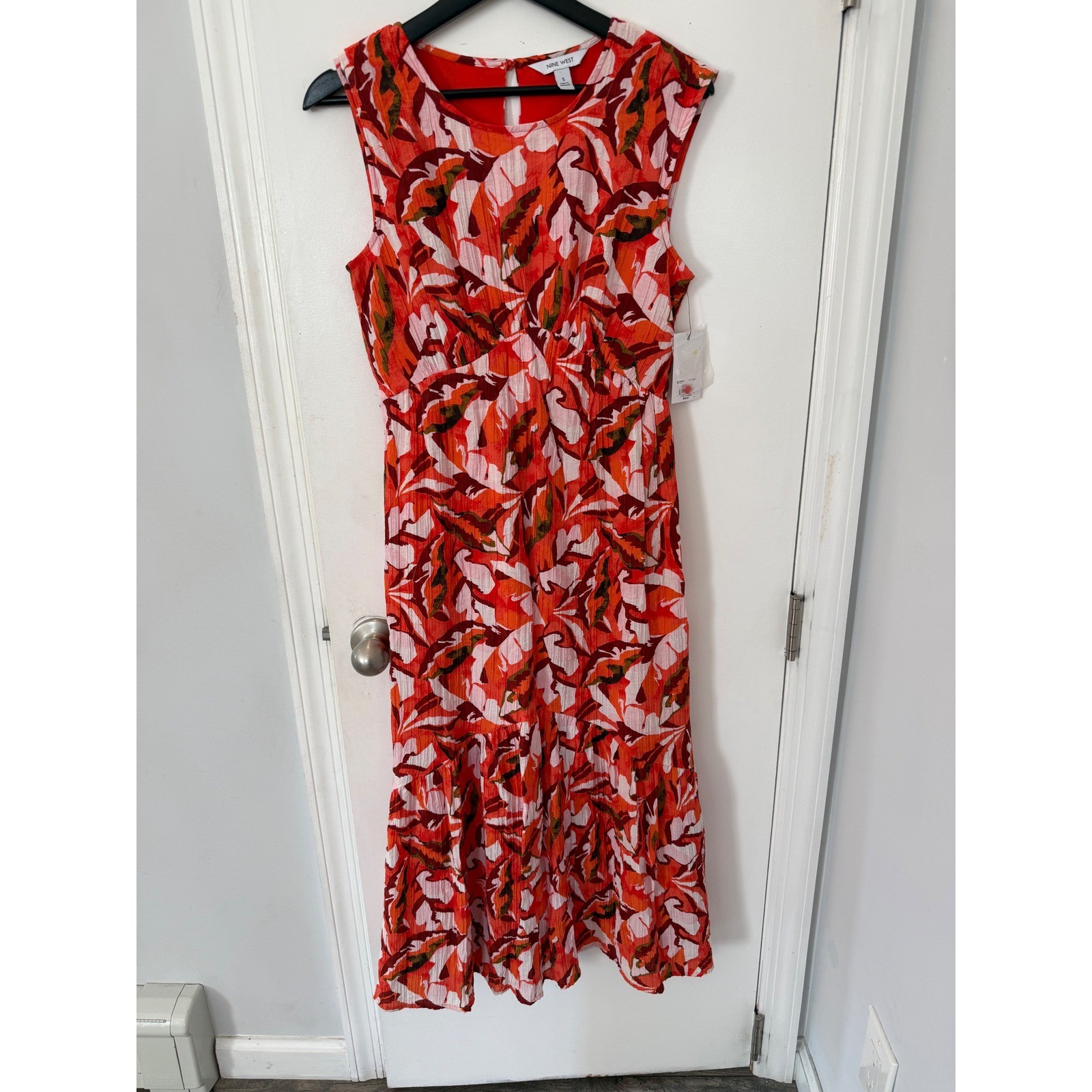 Nine West Red Tropical Leaf Tiered Midi Dress Sleeveless Small