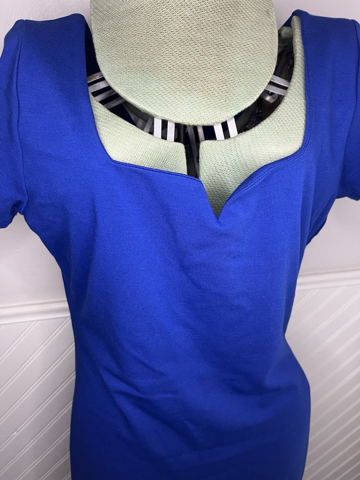 Unique Vintage Blue Solid Short Sleeve V-Neck Sheath Midi Zip Dress XL