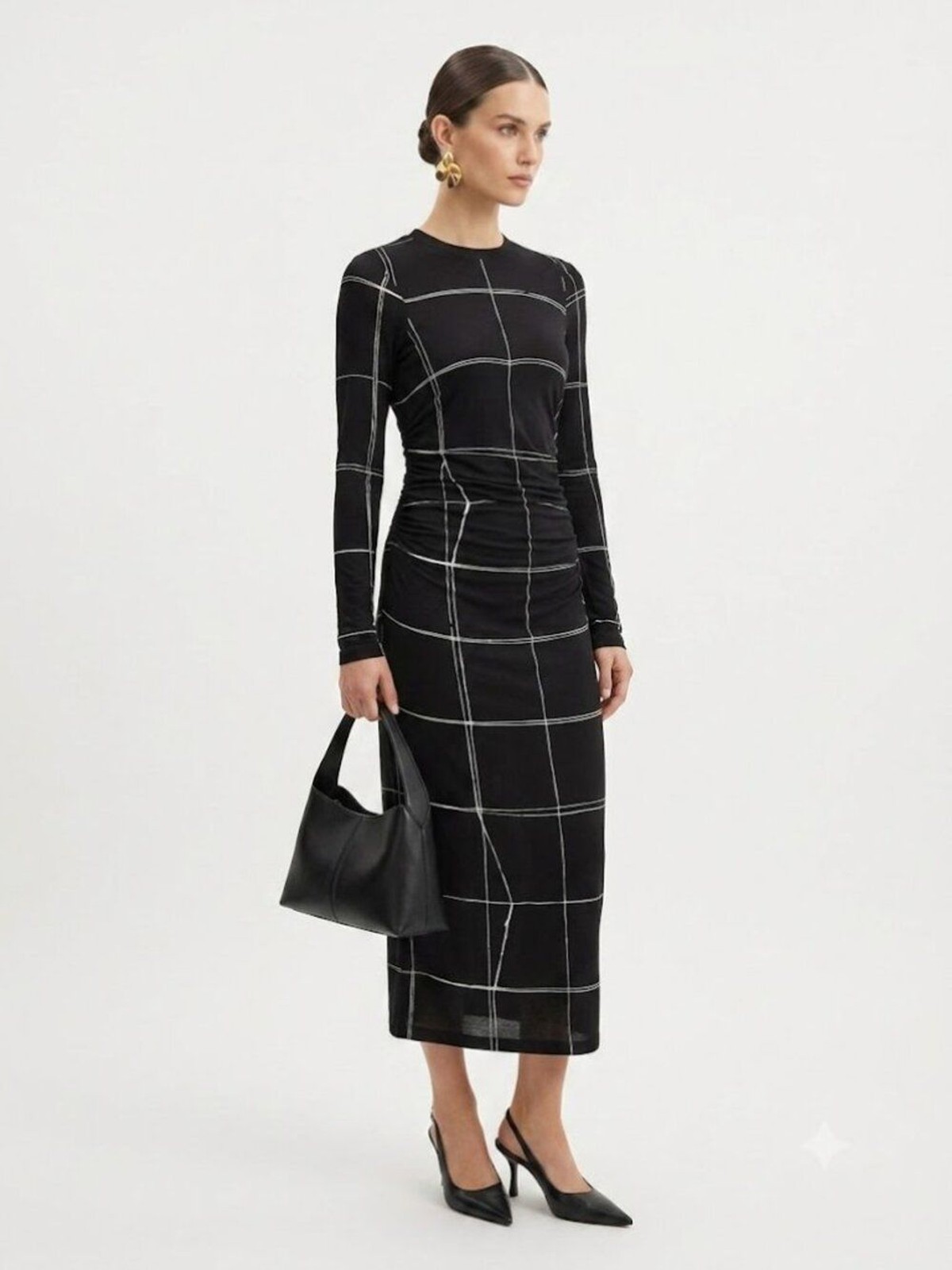HUGO BOSS Esetta Windowpane Ruched Midi Dress | Black & White Stretch Knit | S