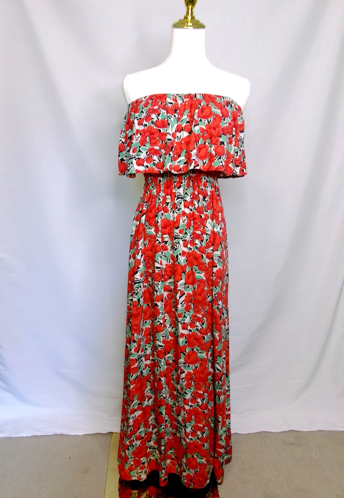 Strapless Floral Maxi Dress Boho Tropical Red Floral Tube Dress S