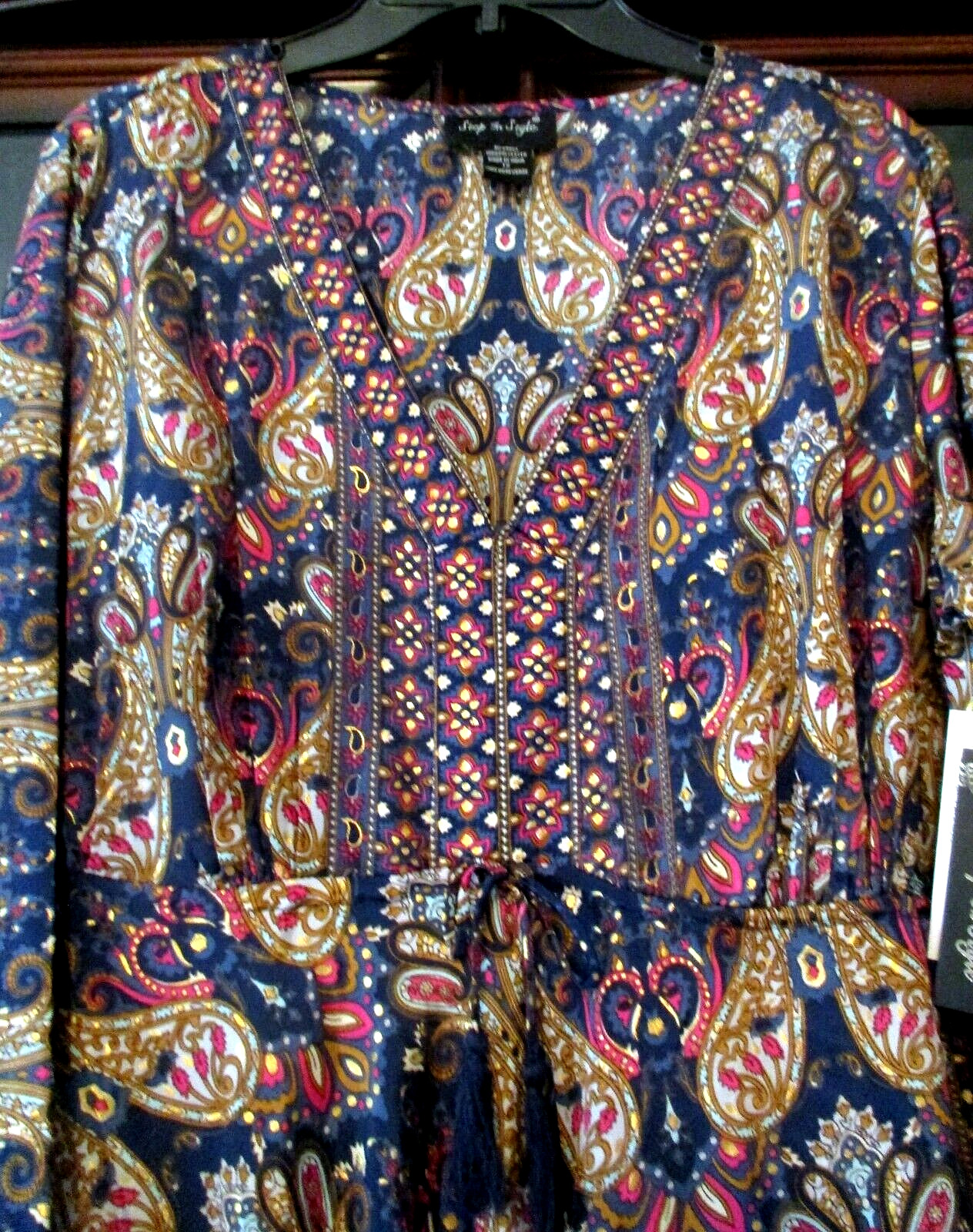 NWT Step In Style Royal Blue Gold Foil Paisley Bell Slv Boho Maxi Dress 1X 2X 3X