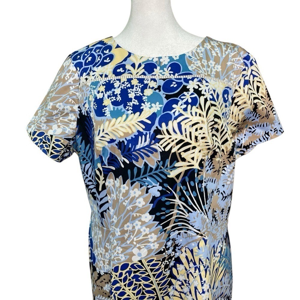 Talbots Botanical Garden Cotton Shift Dress Tan Blue Flounce Hem (Size 16P)