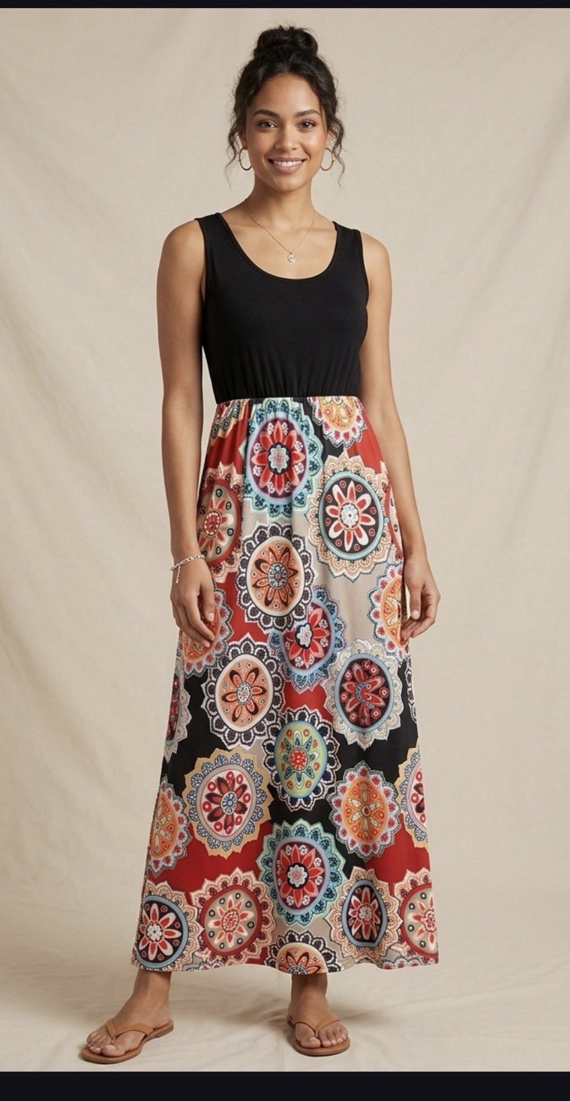 Women’s Black Multicolor Floral Maxi Dress Scoop Neck Sleeveless Size M