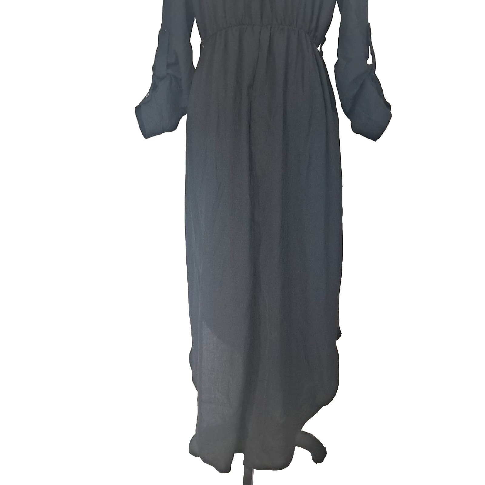 Faux Wrap Split Skirt Roll Tab Sleeve Maxi Dress Size L Black Goth Vamp Festival