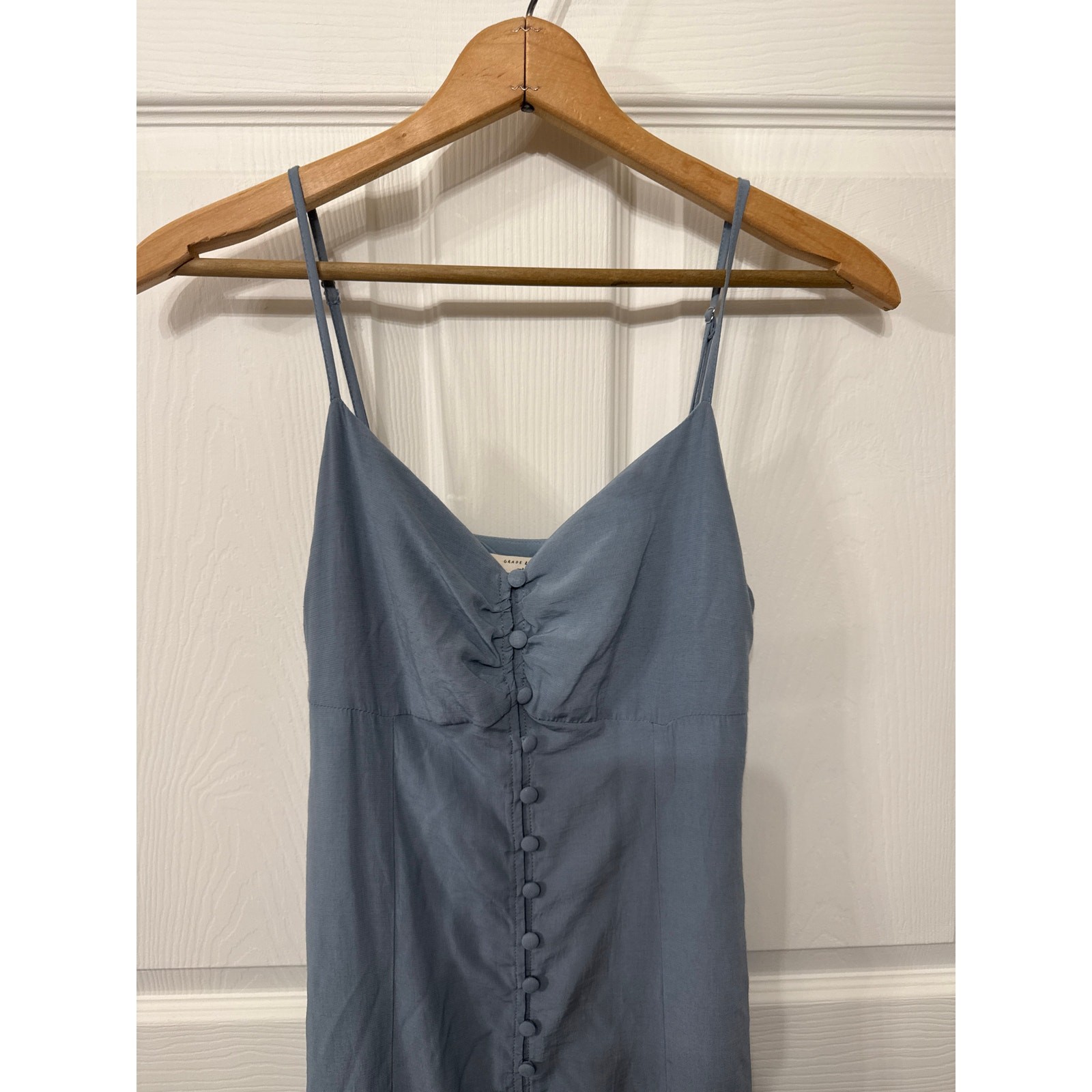 Grade & Gather Button Down Spaghetti Strap Midi Dress in Smoky Blue, S