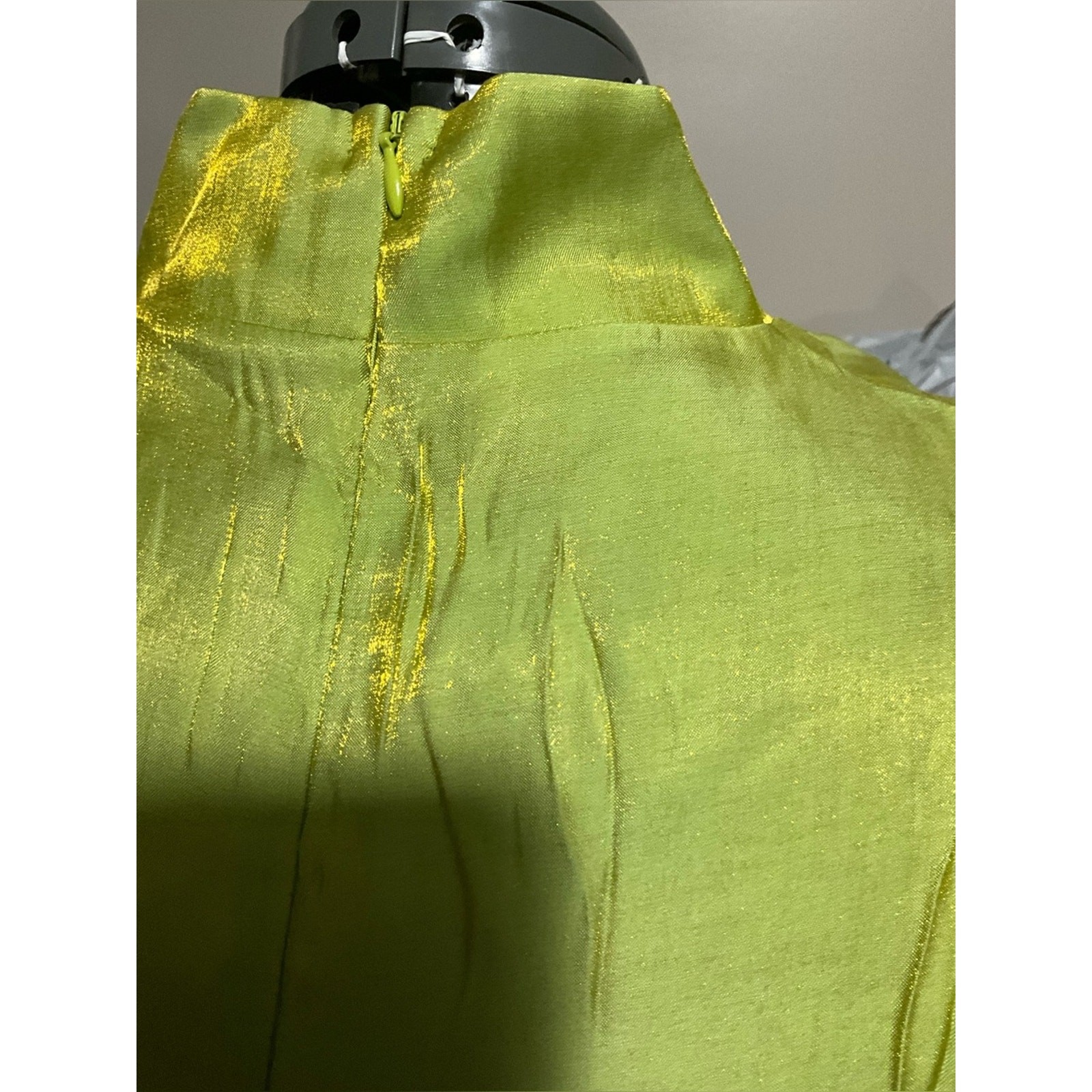 Lime Green Metallic Sheen V-Neck Ruffle Mini Dress NWT Oversized AOMEI Sz M