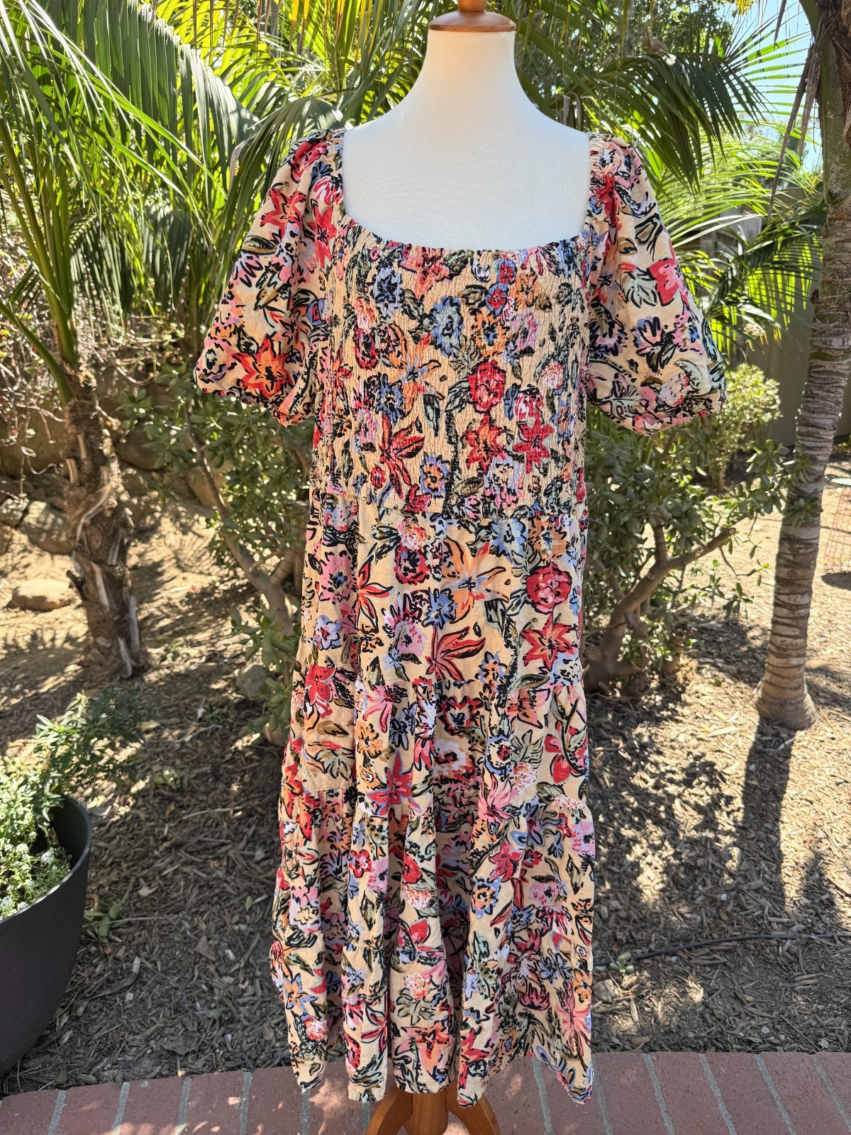 Sonoma Cottagecore Floral Smocked Tiered Puff Sleeve Midi Dress Pockets Size 2X