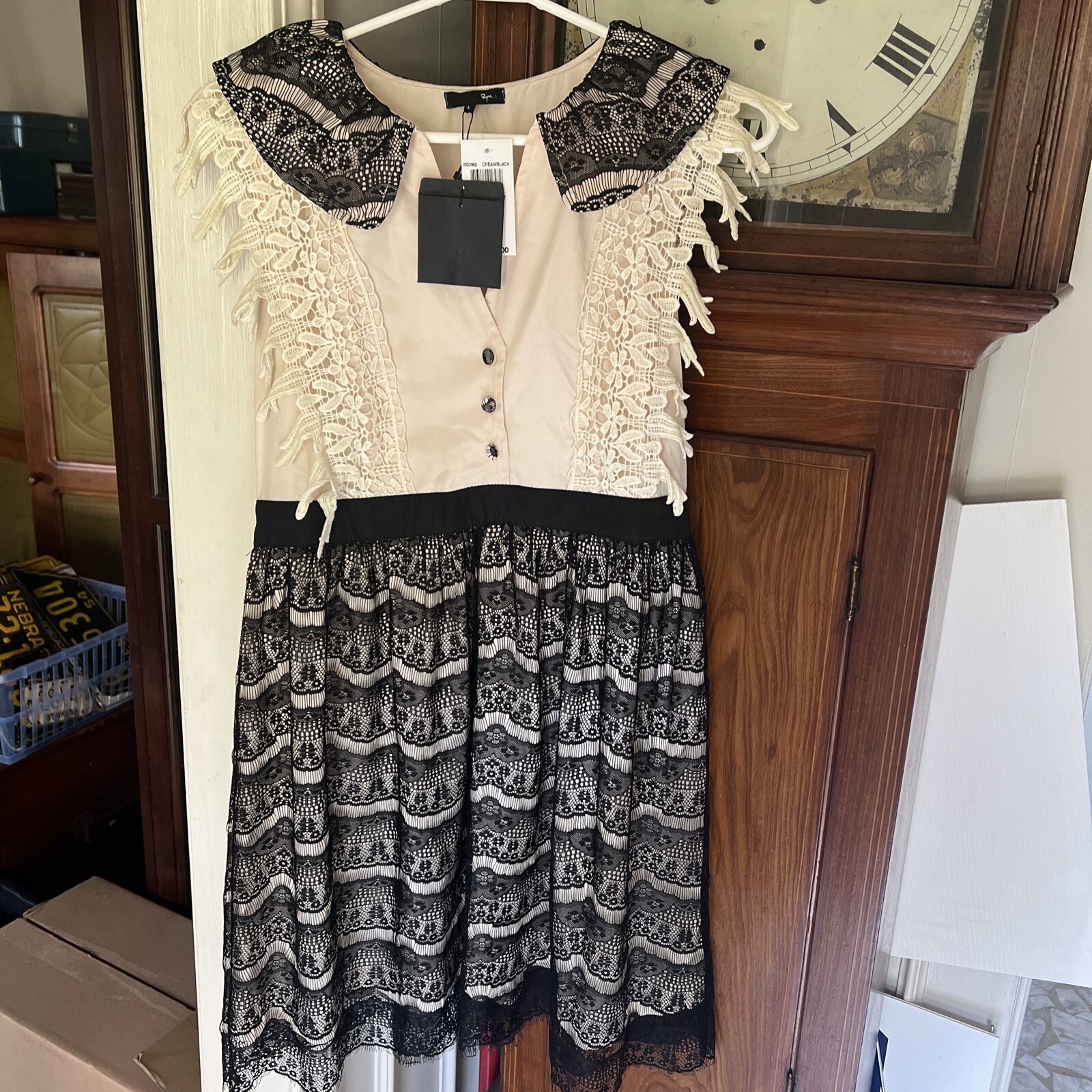 RYU Designer Dress Black Beige Lace Size Large NWT Holiday Dress Party Dress