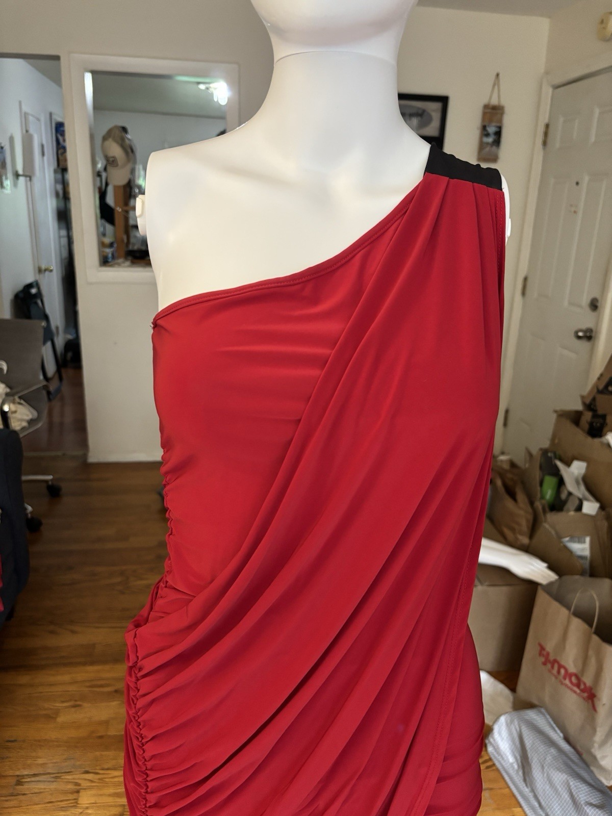 Red One Shoulder Ruched Draped Jersey Bodycon Knee Dress Size S Stretch