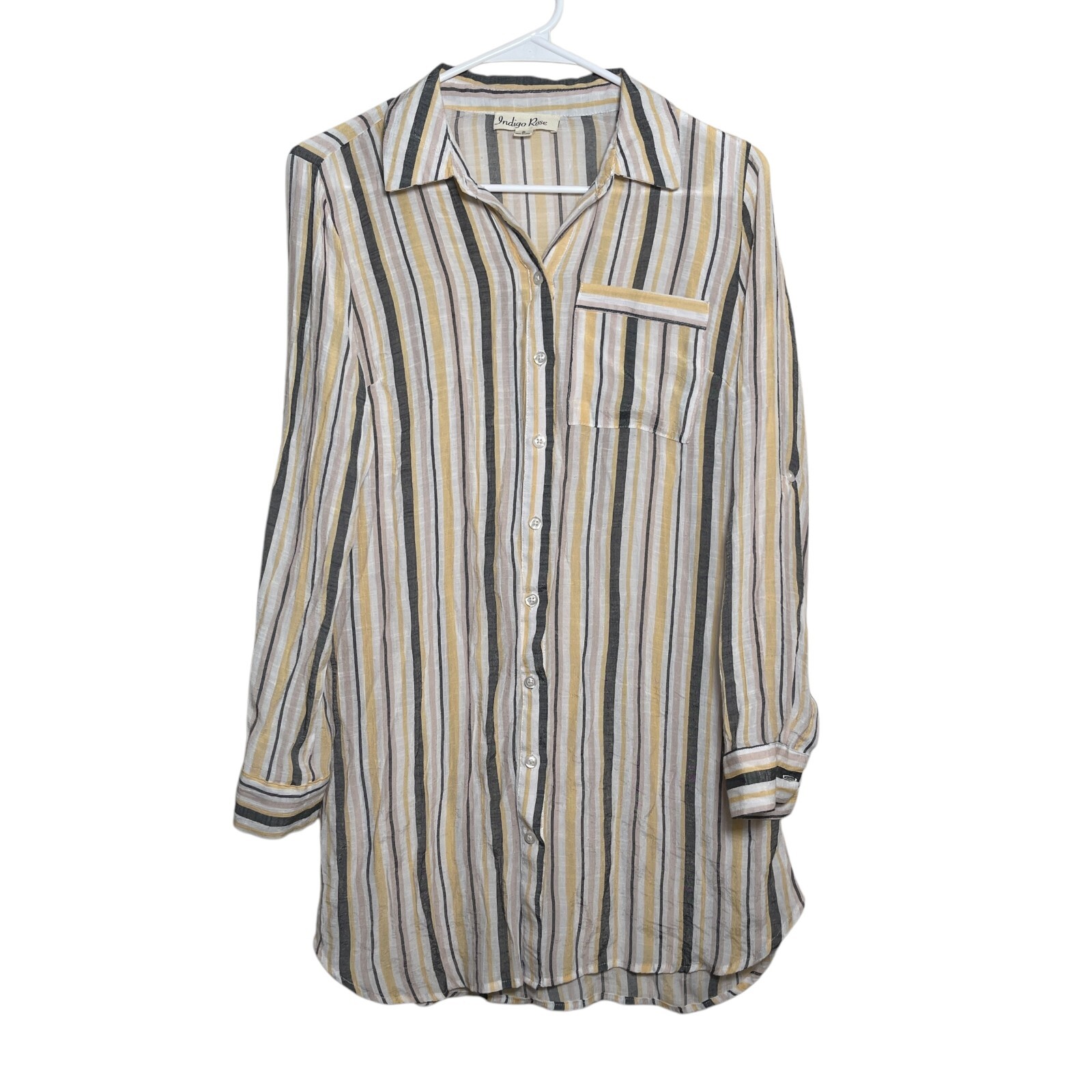 Indigo Rose Shirt Dress Women’s Small Yellow Striped Long Sleeve Pocket Collared
