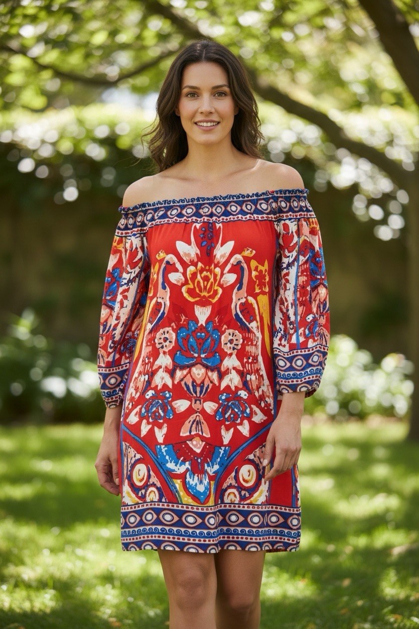 Premarket by Flying Tomato Boho Off The Shoulder Dress Red Bird Print Size L