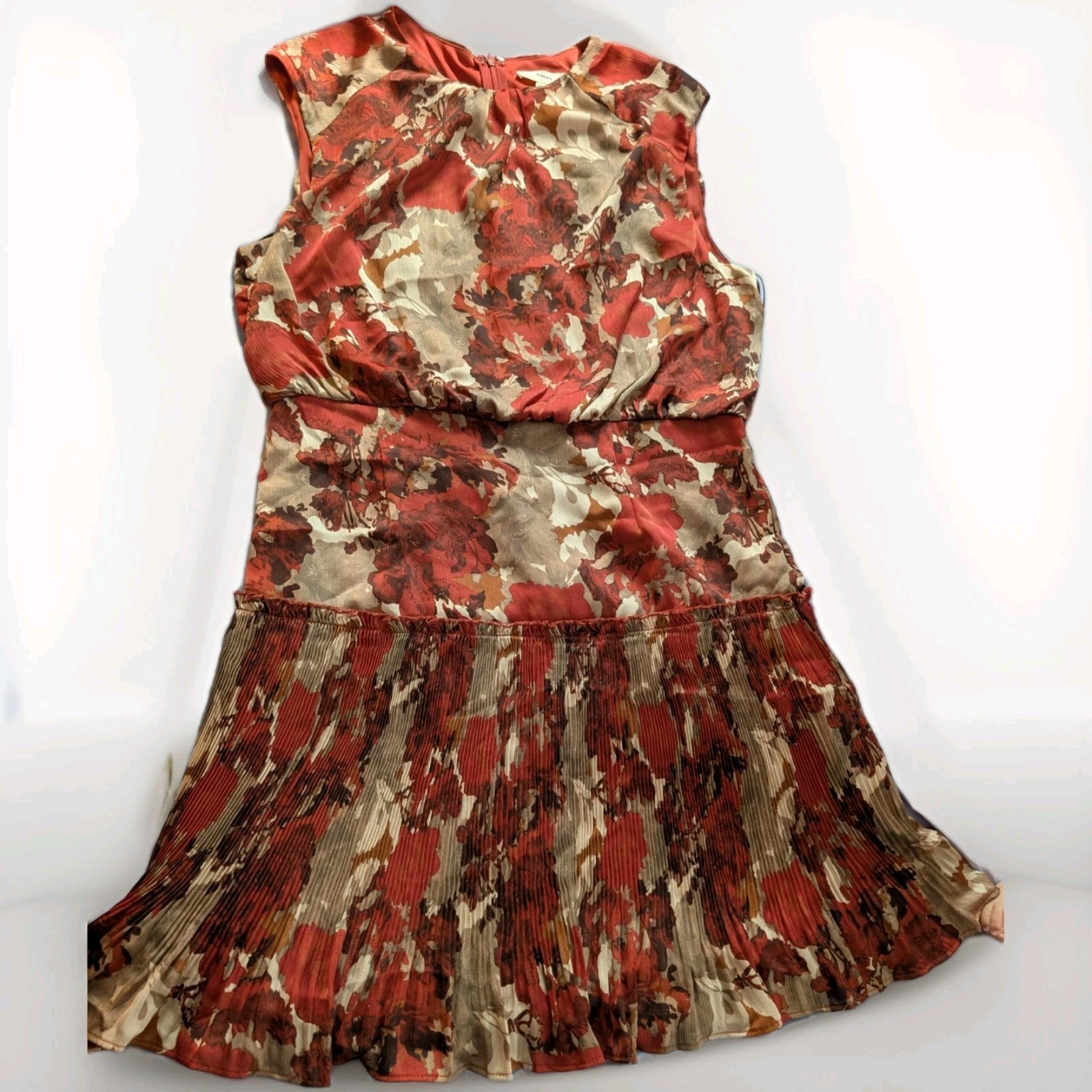 NWT Entro Floral Mini Dress, Ruffles, Women’s Size L Orange Pleated Skirt