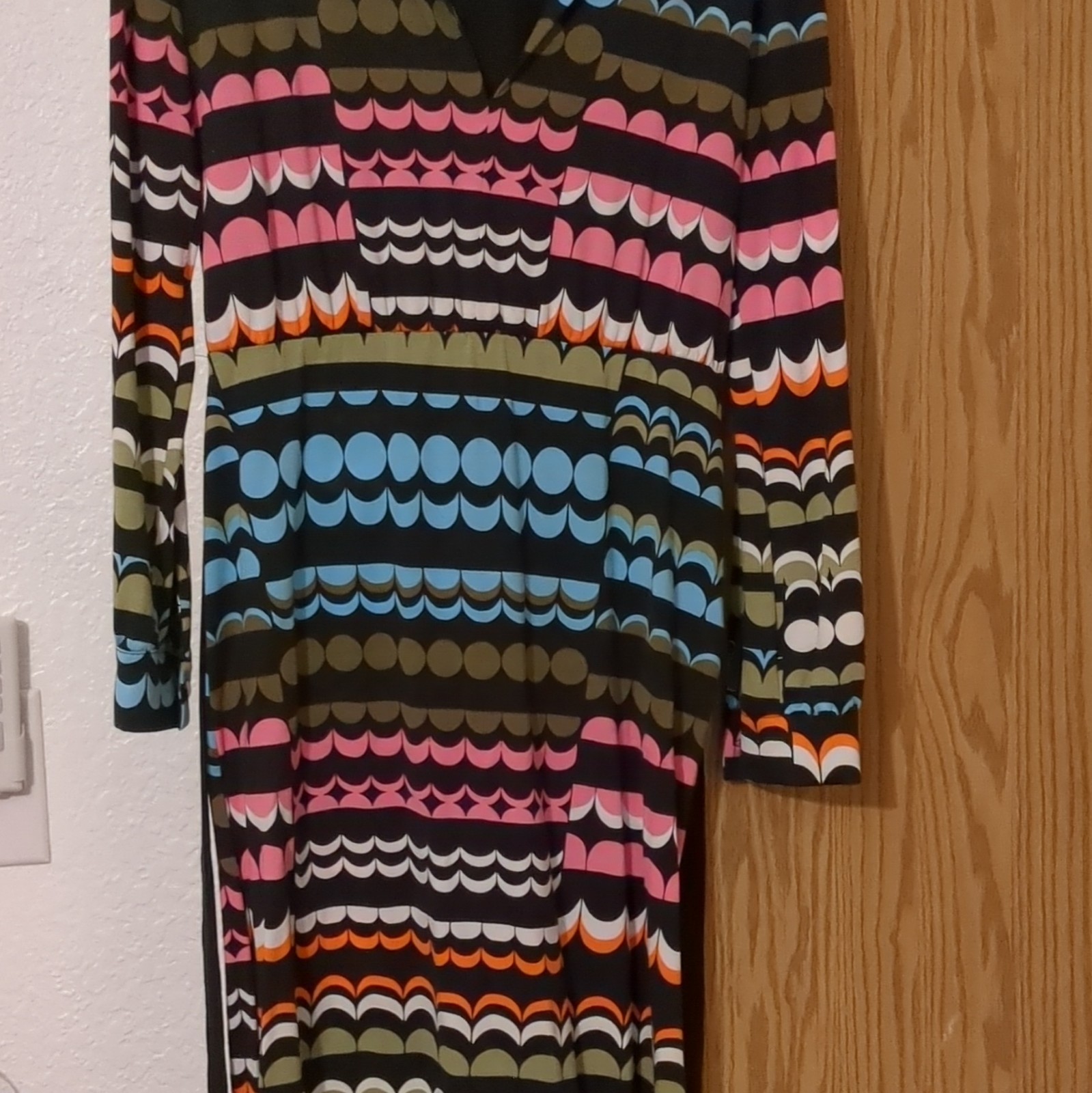 Fashion Star Geometric Knit Sheath Dress V-Neck 3/4 Sleeve Knee Poly, Size US 10