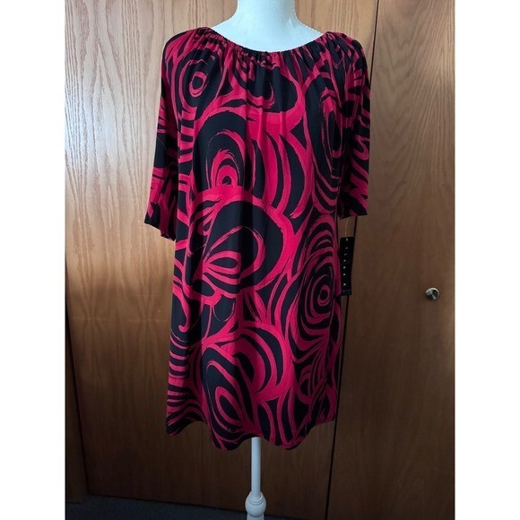 Tiana B Womens Red Black Abstract Swirl Shift Dress Short Sleeve Size M 75338A