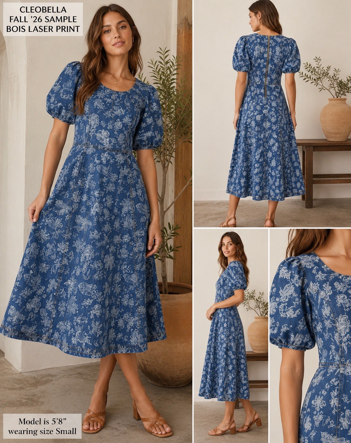 NWT Cleobella Bois Laser Print Midi Dress S Puff Sleeve Fall 26 Sample Rare