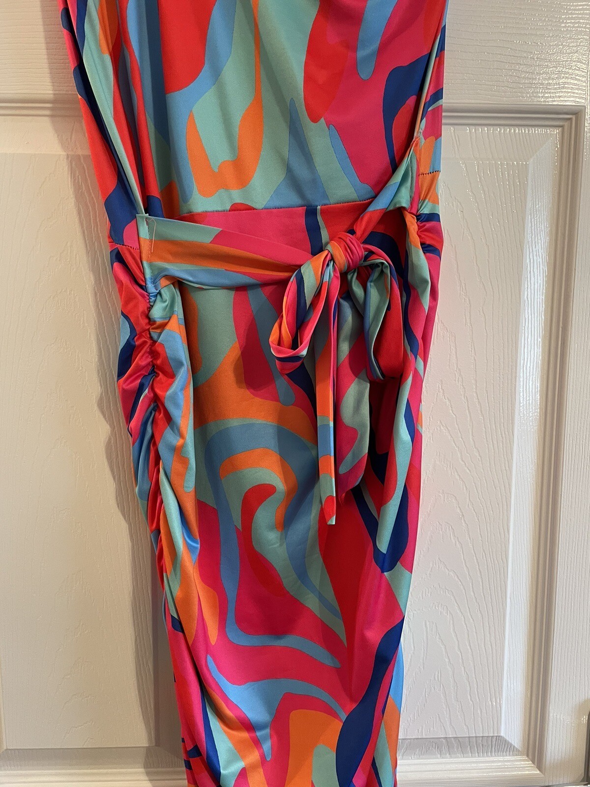 CHICME Multicoloured One Shoulder Tie Belt Summer Dress – Size Large – VGC