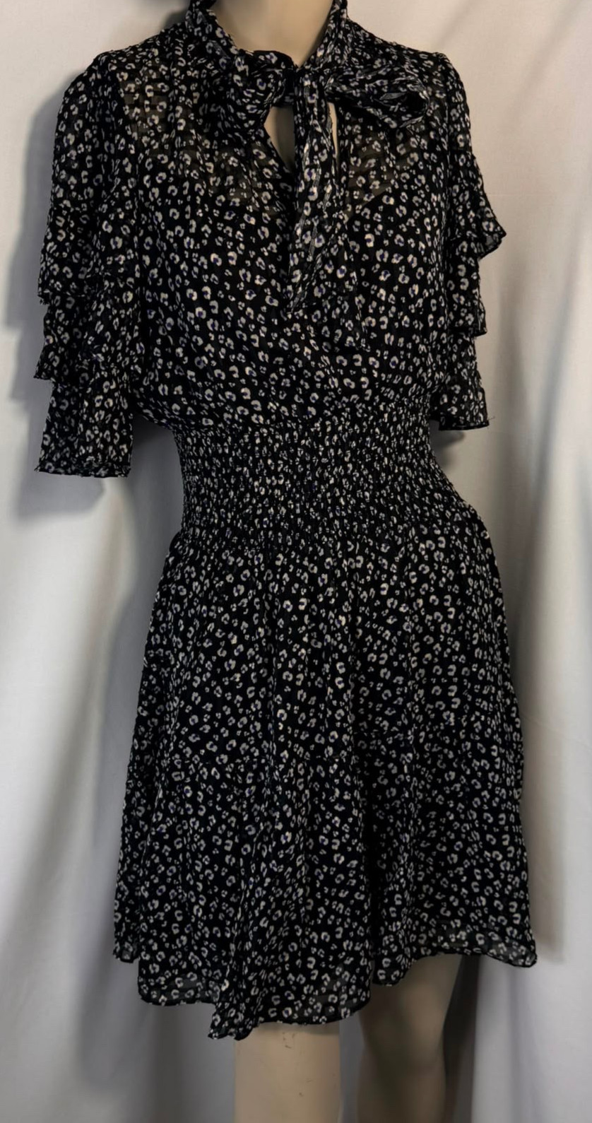 Rebecca Taylor Women’s Size 0 Black Floral Print Bow-Tie Smocked Mini Dress
