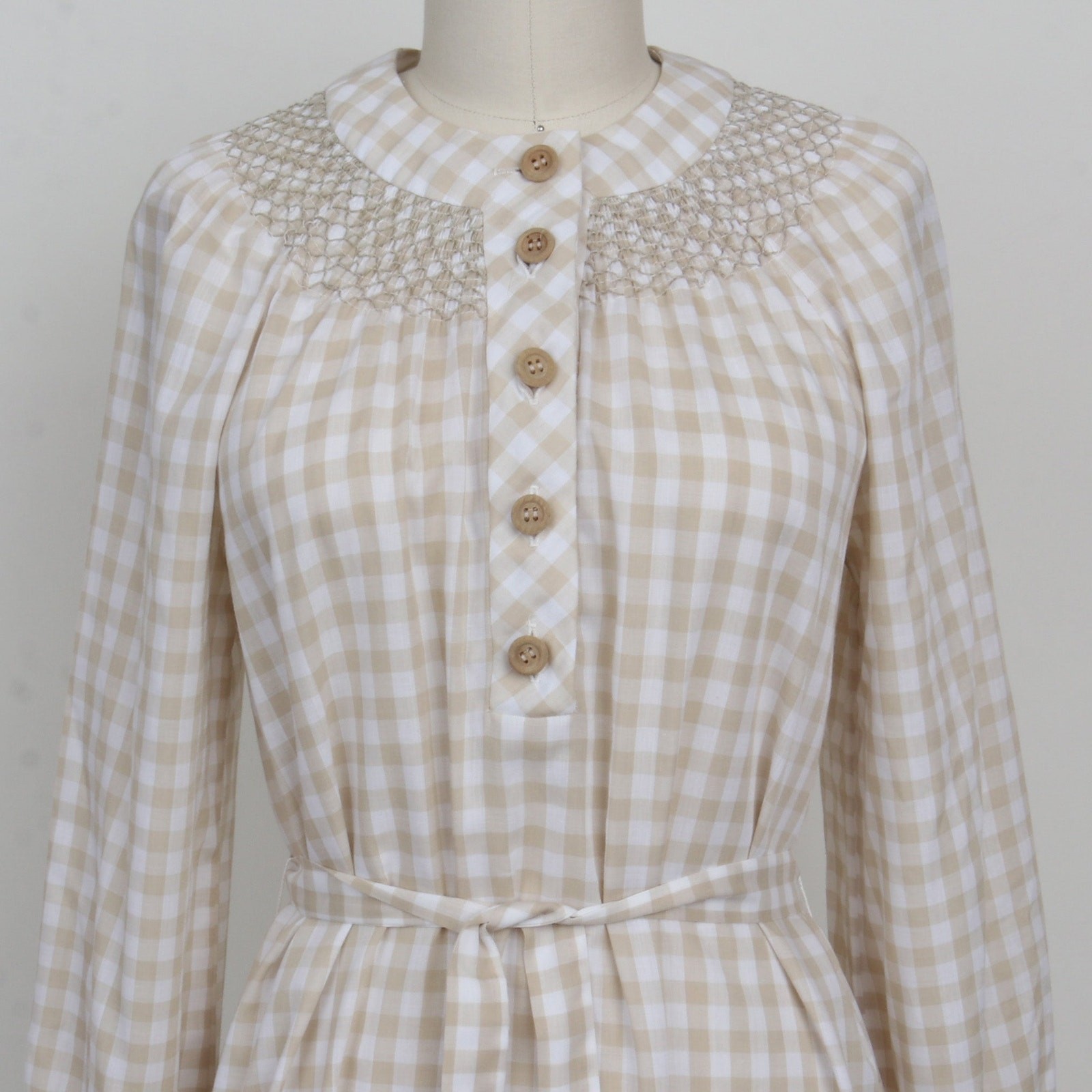 Vintage 1970s Beige Gingham Long Sleeve Midi Dress M