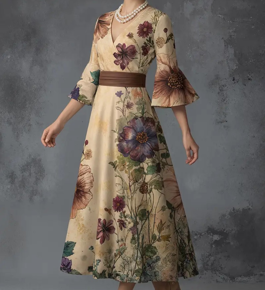 Women’S Retro Flower Printed V Neck Trumpet Sleeves Dress