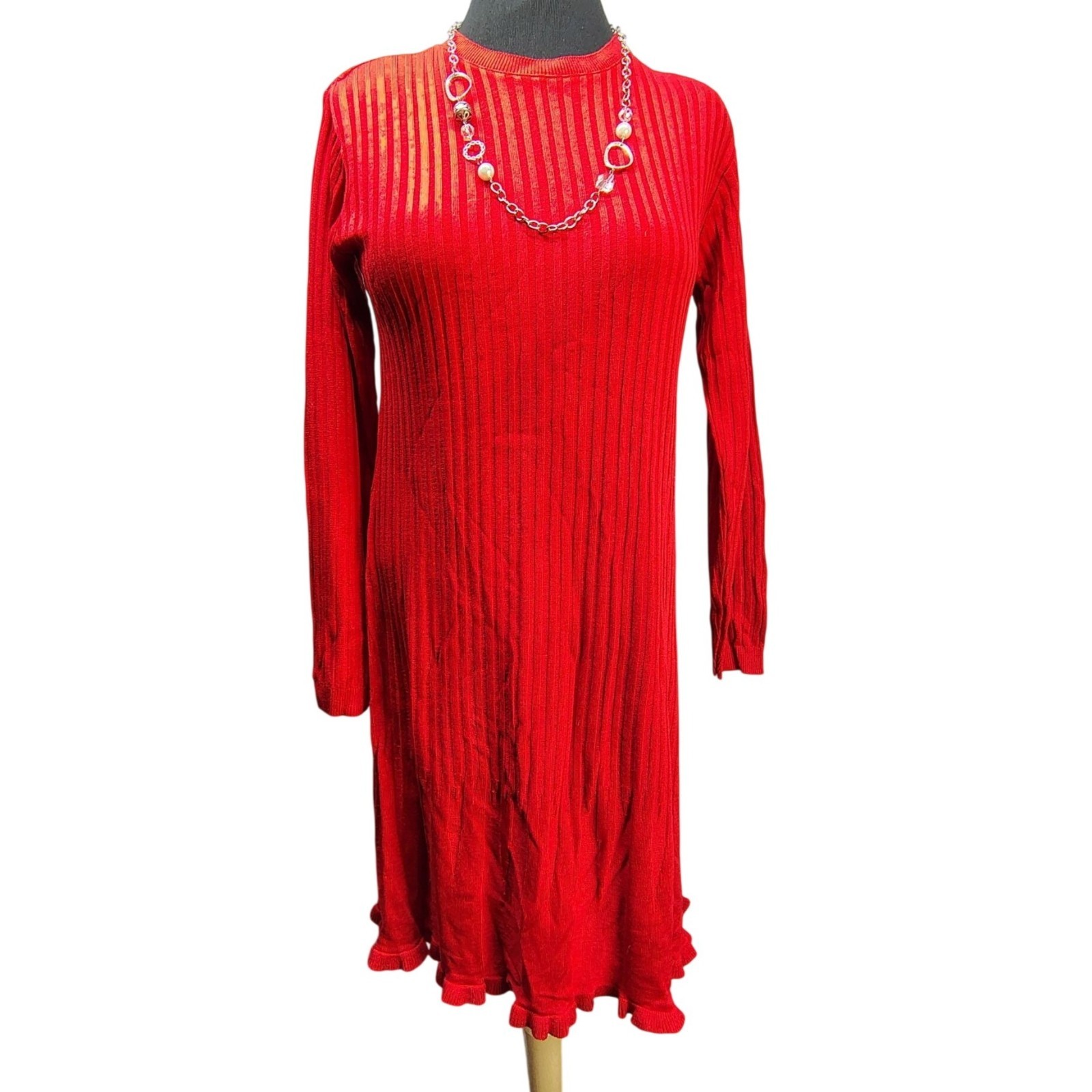 Coldwater Creek Rib Knit Sweater Dress Red Women’s Medium Long Sleeve Midi USA