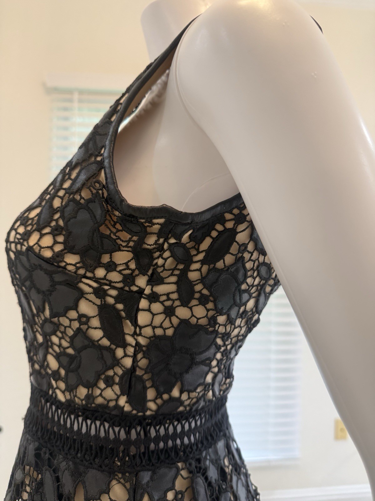 Romeo & Juliet Couture Black and Nude Floral Eyelet Lace Illusion Dress SizeS