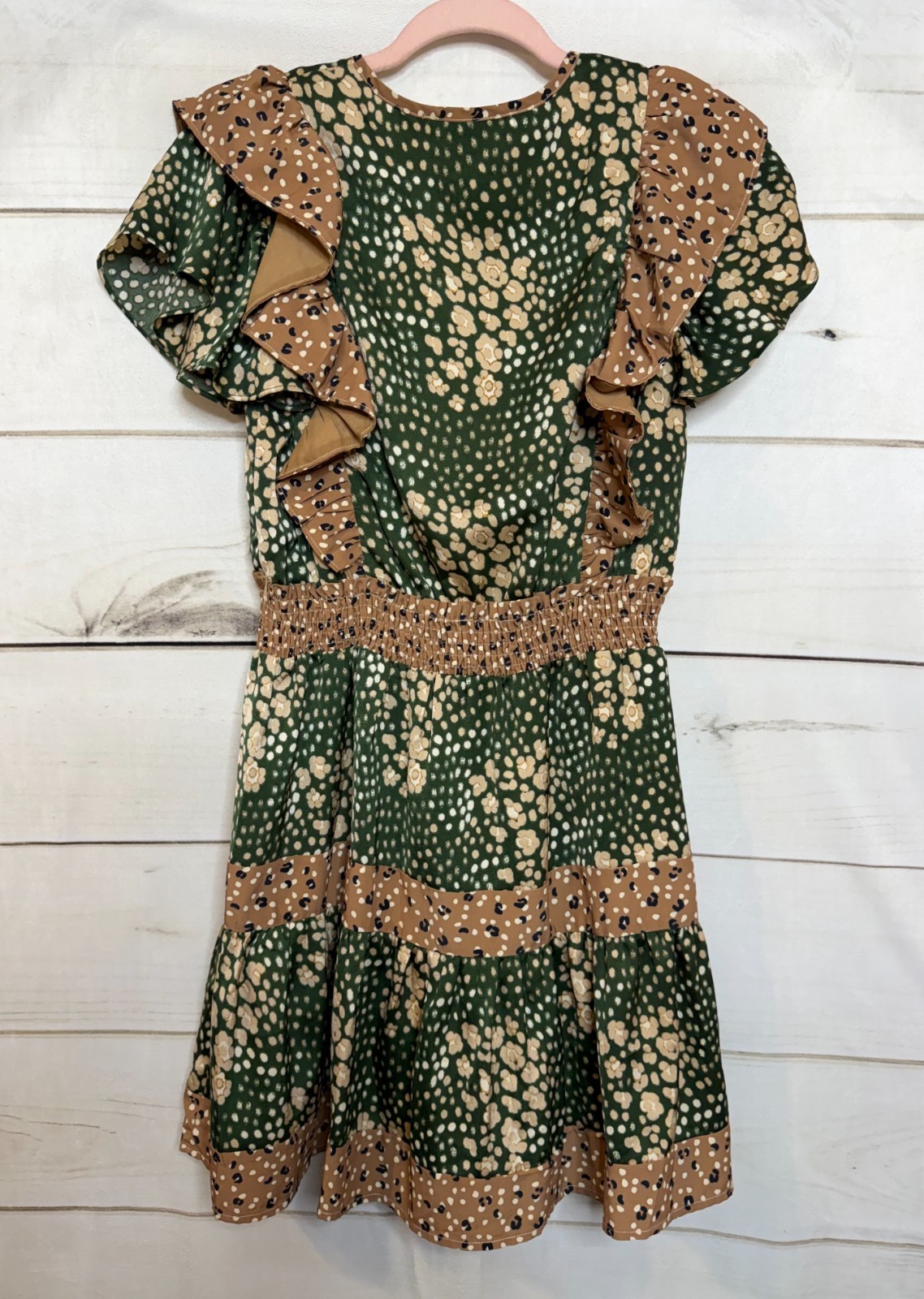 Joy Joy Dress Size SM Ruffles Green Beige Print Rouched Waist