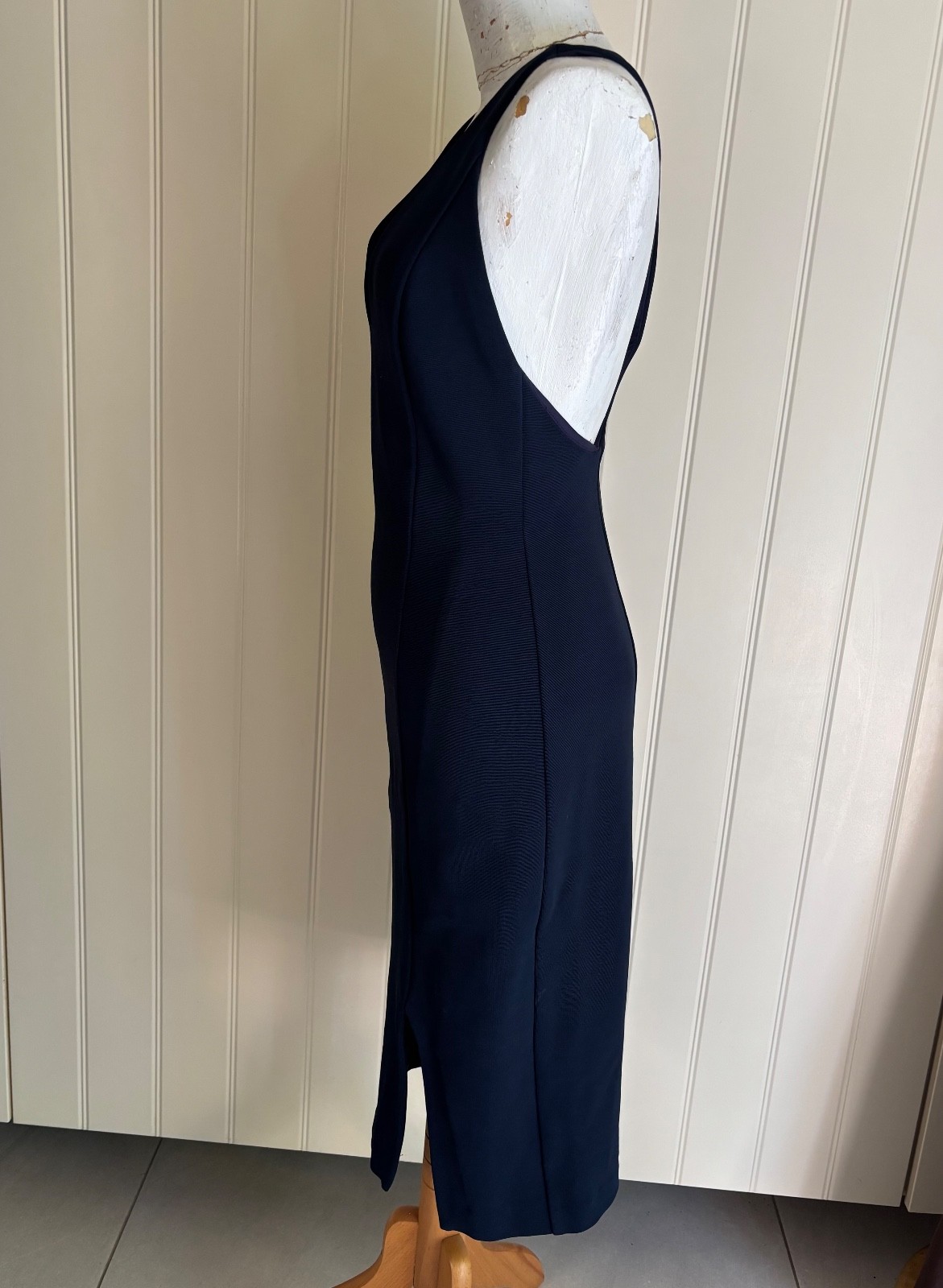 DRESS Kookai Bodycon Midi Navy Stretch Sleeveless Deep V-neck Racer back Sz 38