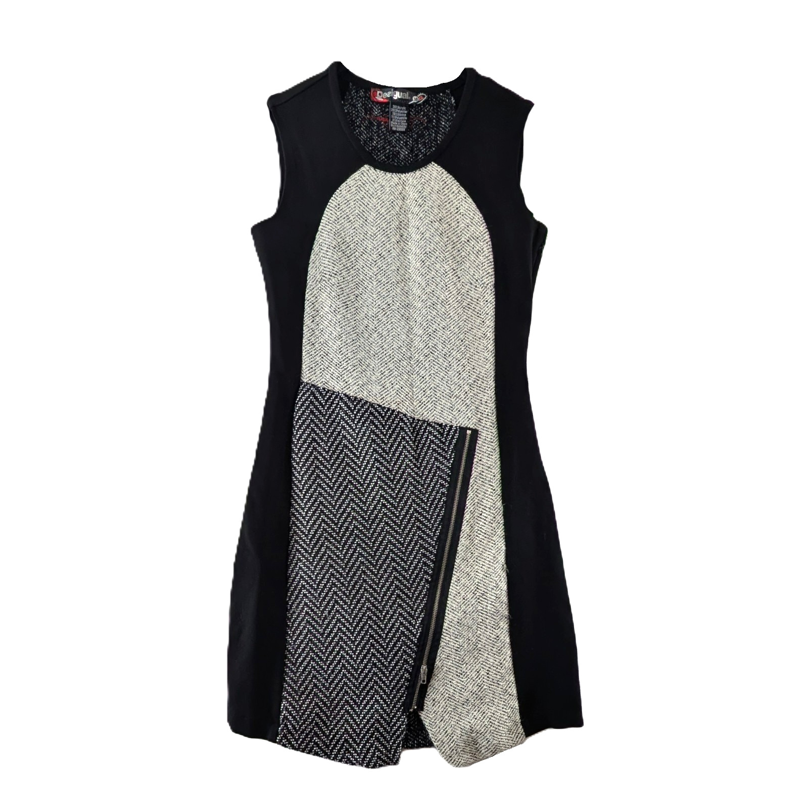Desigual Oceano Sheath Dress Womens Sz Small 38 Black Cream Neutral Exposed Zip