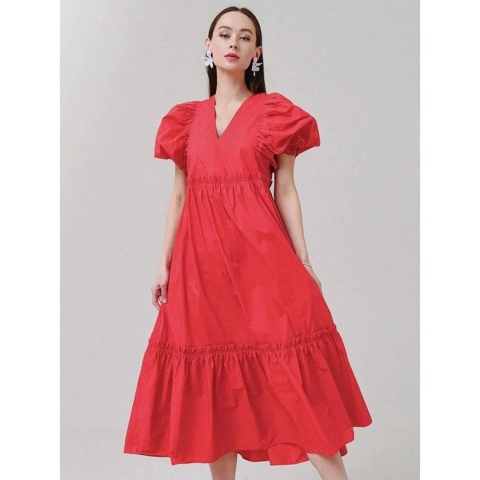 Hunter Bell Medium Palmer Midi Maxi‎ Puff Sleeve Ruffle Dress Cherry Tuckernuck
