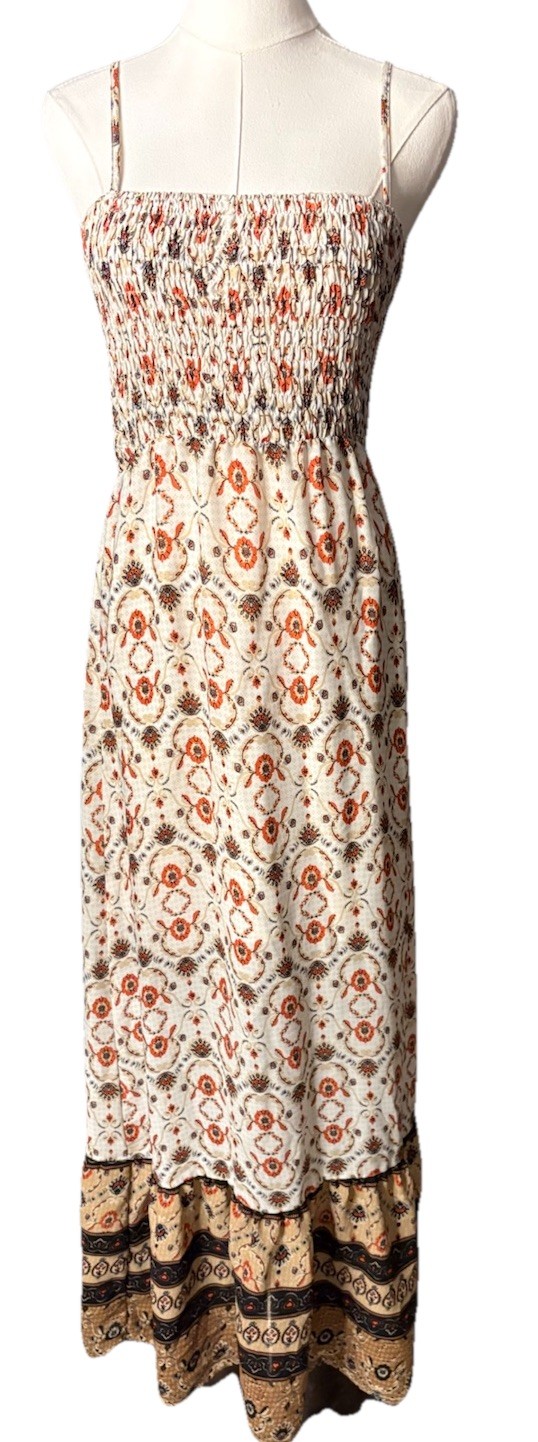 Promesa Boho Smocked Top Maxi Dress Adjustable Spaghetti Straps Sheer Lined M