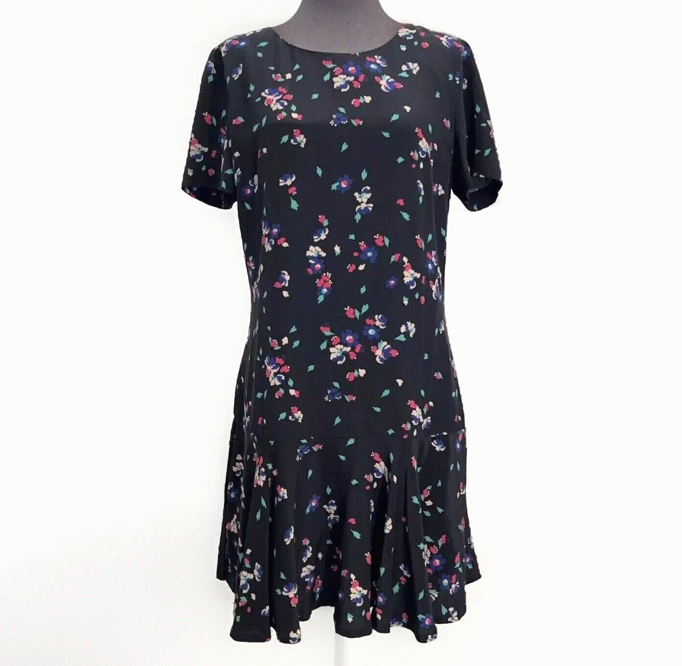 Sezane Silk Floral Dress Women 38 (M) Black Flower Print Short Sleeve