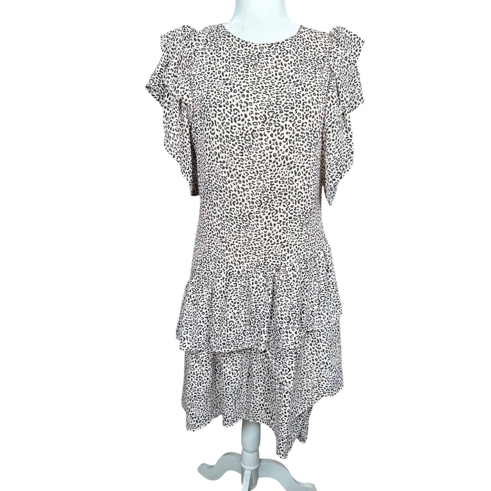 Who What Wear Women Leopard Print Ruffle Tiered High Low Dress S/M Pink Black