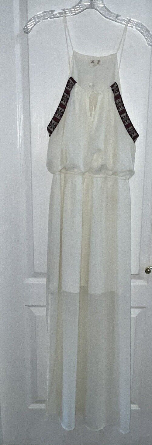 L8ter Women’s Ivory Sheer Lined Side Slit Long Spaghetti Strap Dress Size L