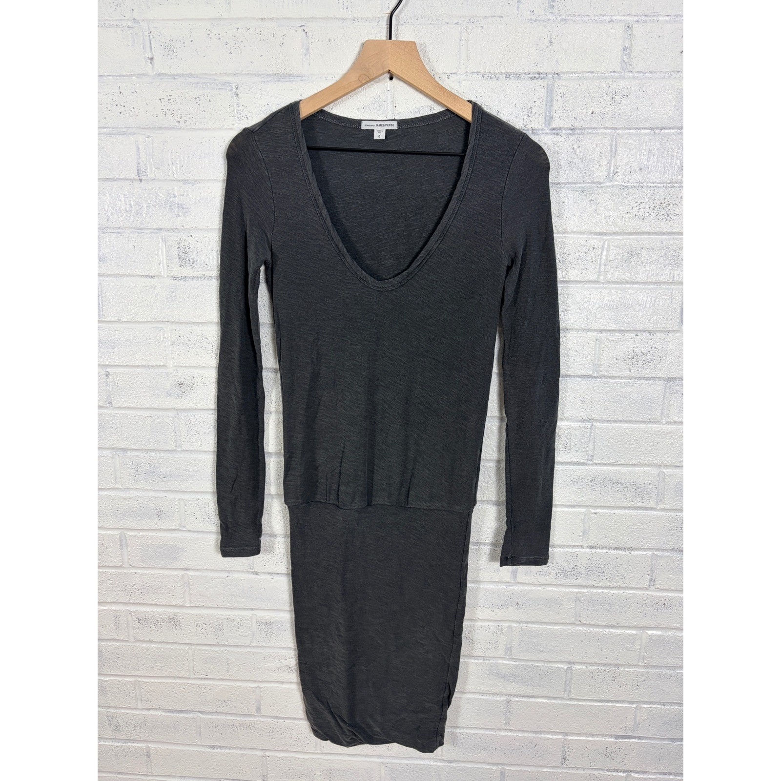 Standard James Perse Mini Dress Womens XS Gray Long Sleeve Slub Knit Ruched USA