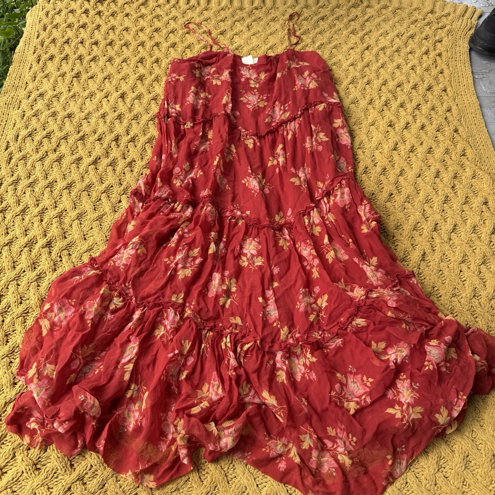 Vintage Polo Jeans Co Dress Large 100% Silk Tiered Boho Hippie Festival Floral