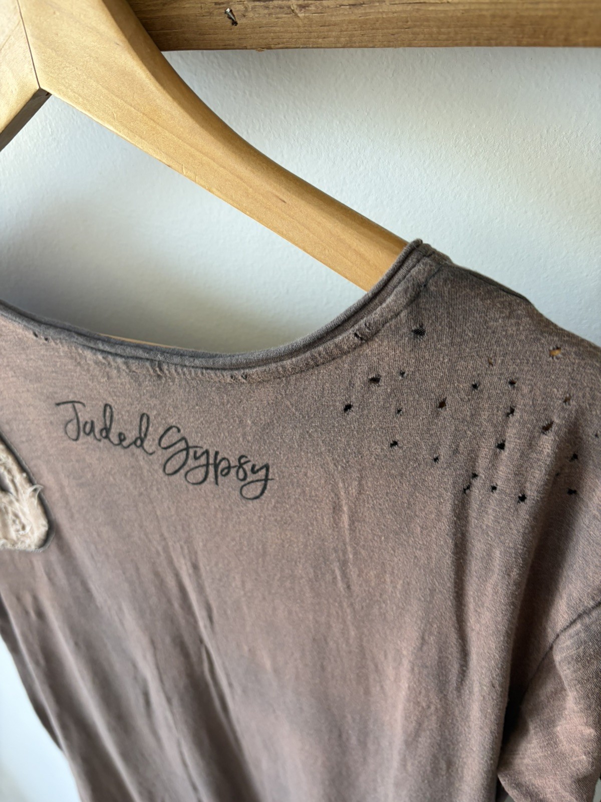 Jaded Gypsy Long Maxi Peace Tee Dress Womens OS Washed Tan Short Sleeve Tattered