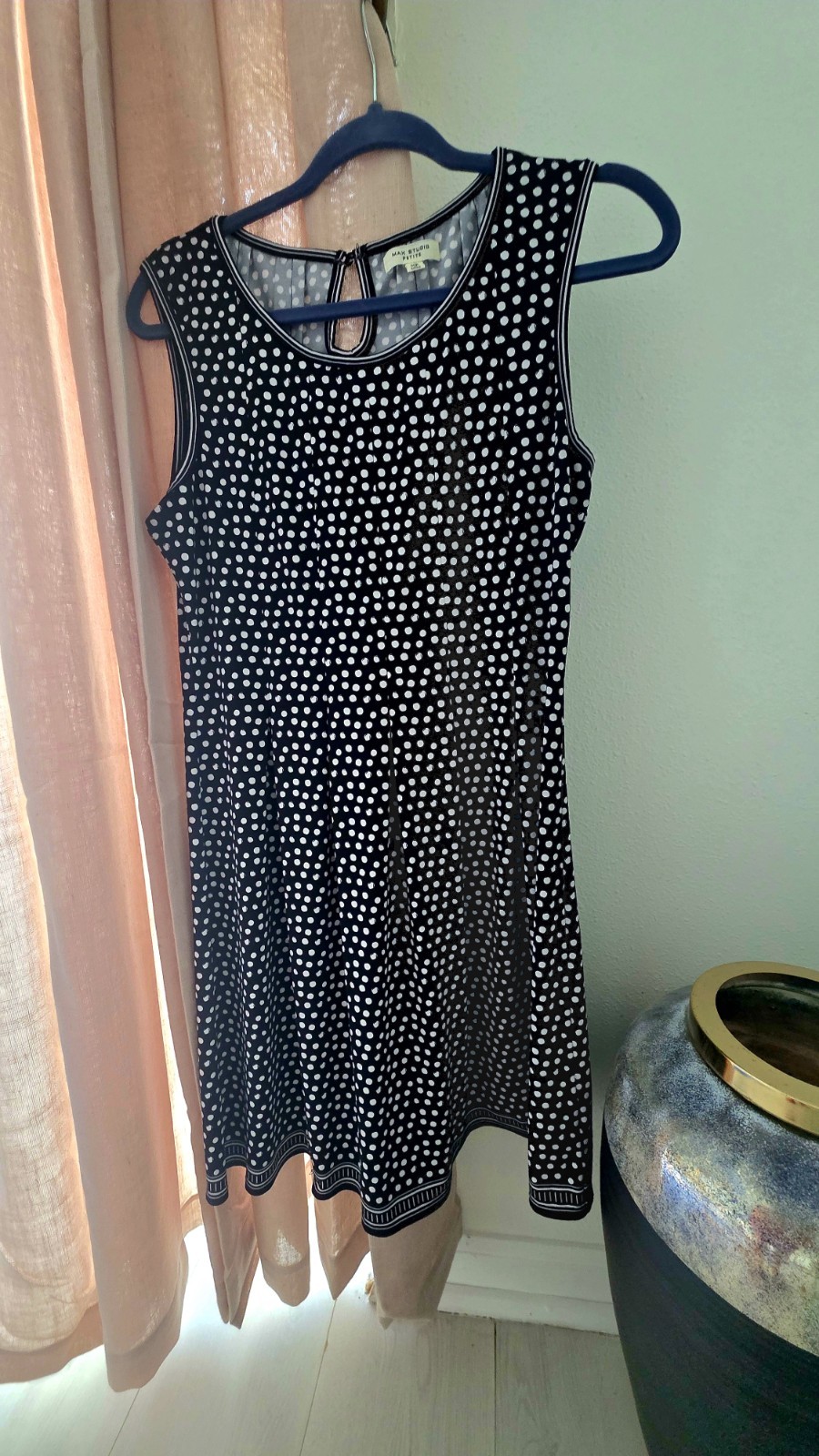 Max Studio Petite sleeveless stretch polka dot A-line dress MP with stripe trim