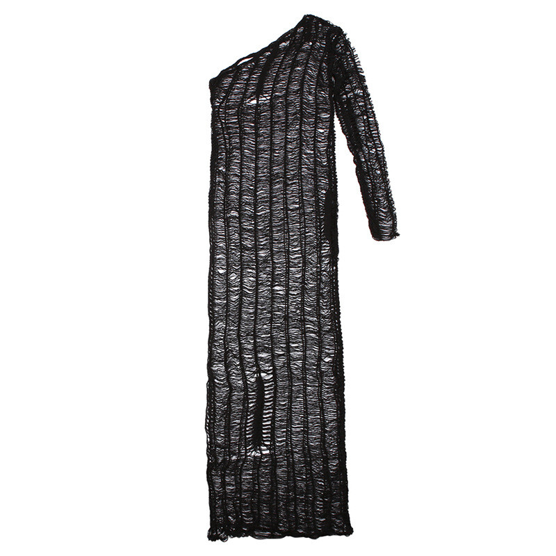 Women Knitting Hollow Out Sexy See Through Inclined Shoulder Straight Robe #L