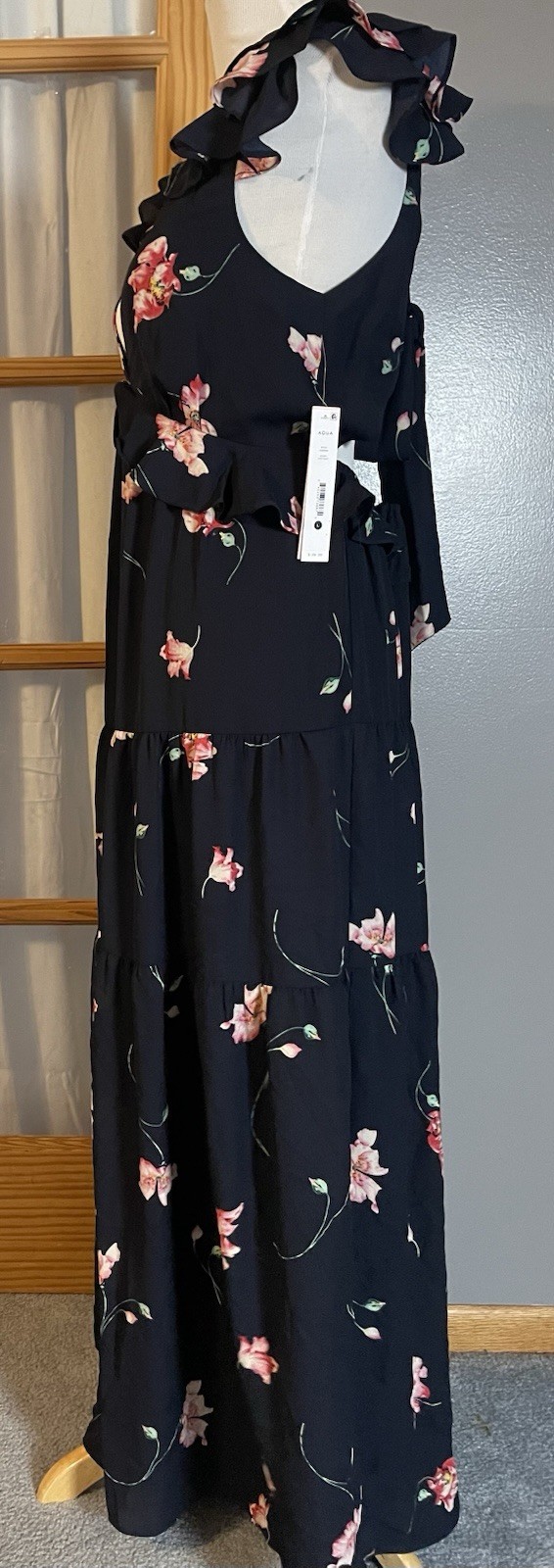 Bloomingdales Exclusive AQUA Maxi Dress L Tiered Floral Pink Plunging Neck Boho