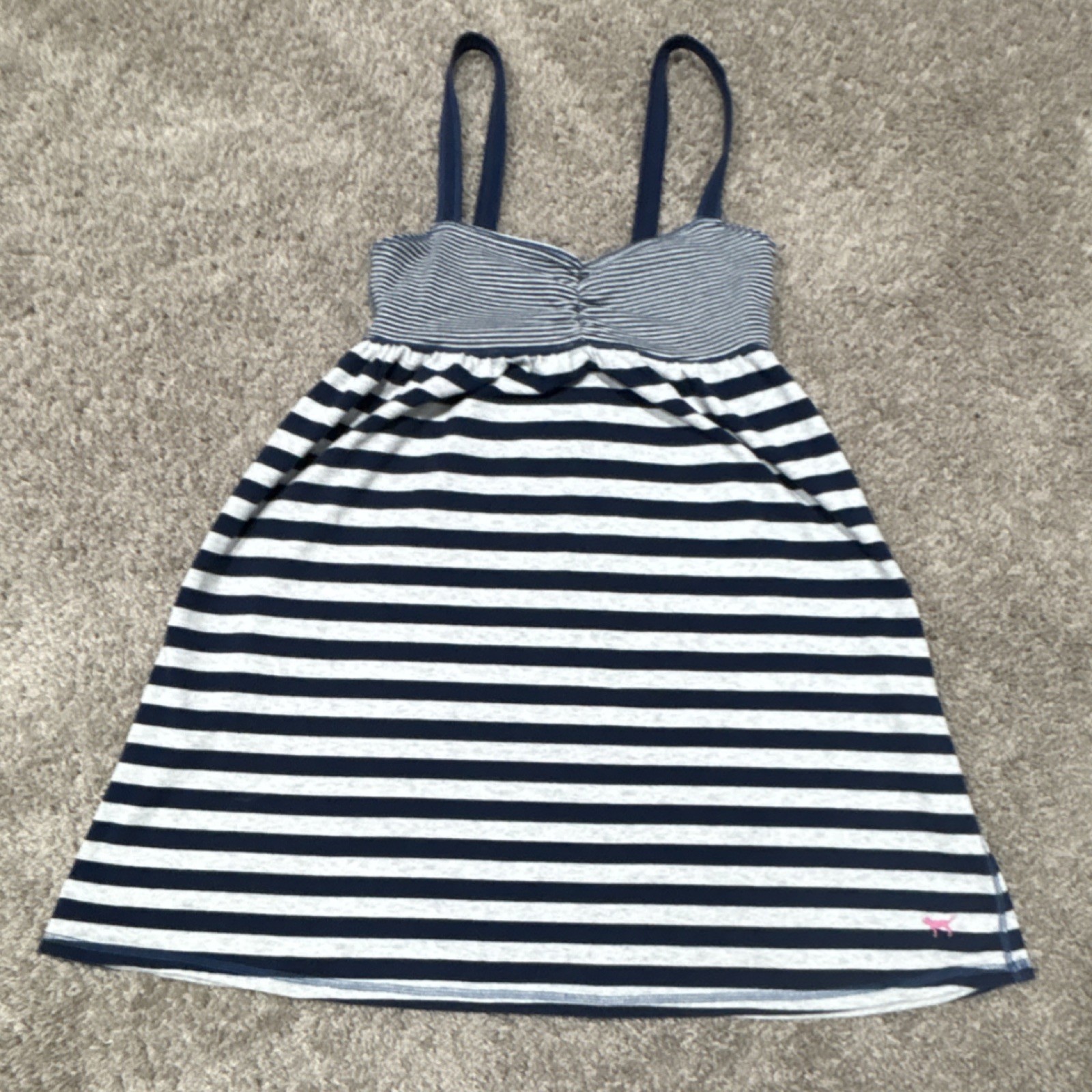 Victorias Secret PINK Navy Blue White Striped Empire Waist Mini Dress XS 0061