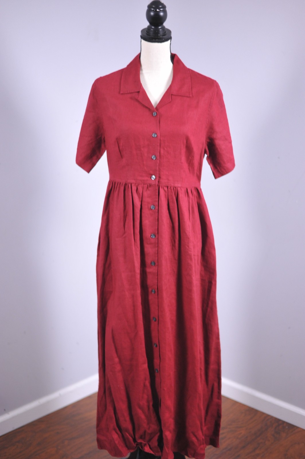 Eddie Bauer 100% Linen Button Front Maxi Shirt Dress Pockets Red Women’s Small