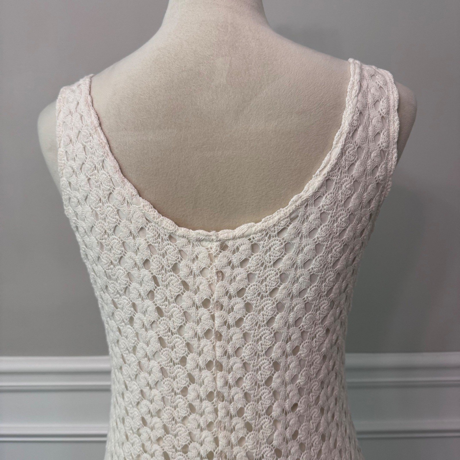 Y2K Cream Crochet Cottagecore Maxi Earthy Boho Sleeveless Scoop Neck L