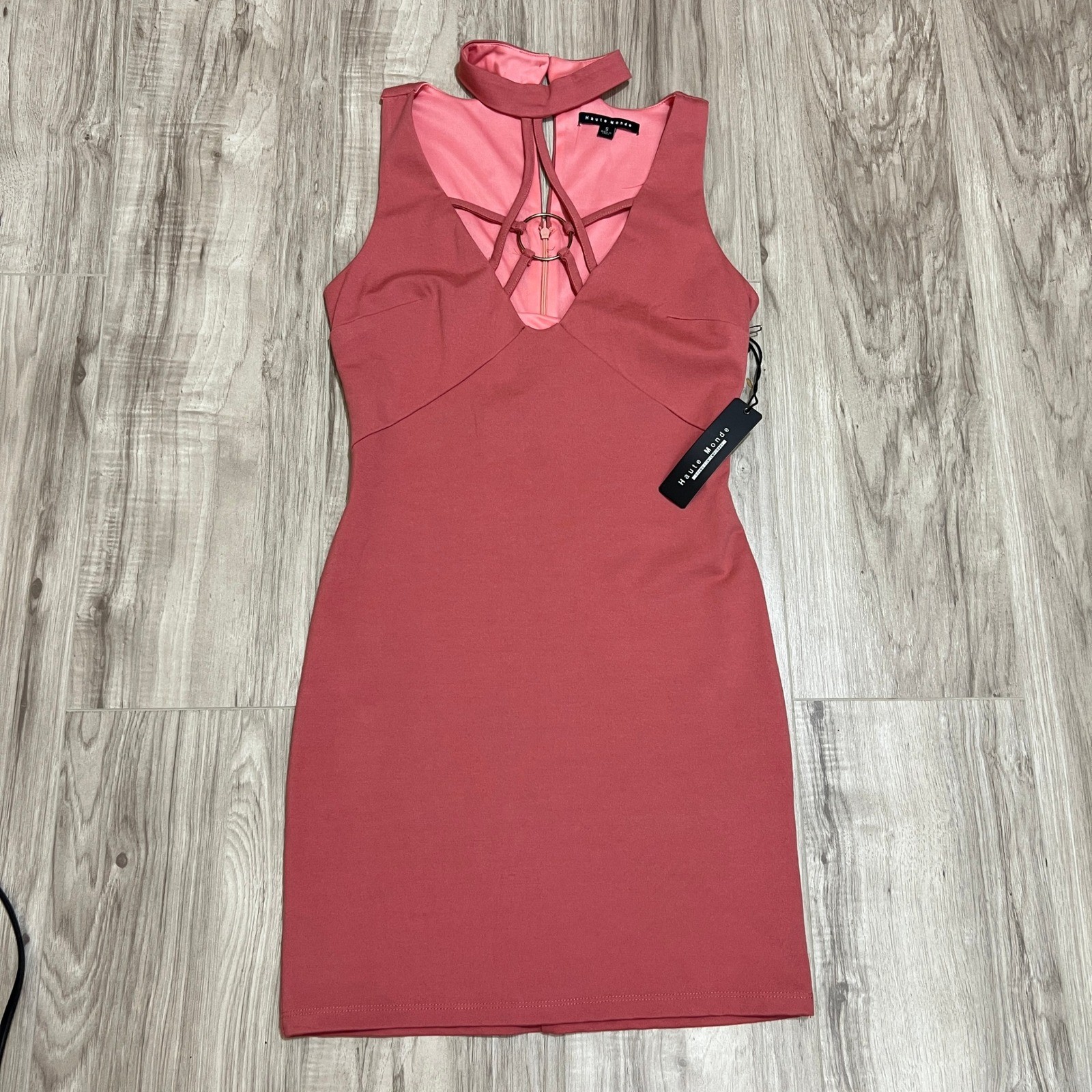 Haute Monde Womens Small Pink Cutout O-Ring Bodycon Mini Dress Choker Neck