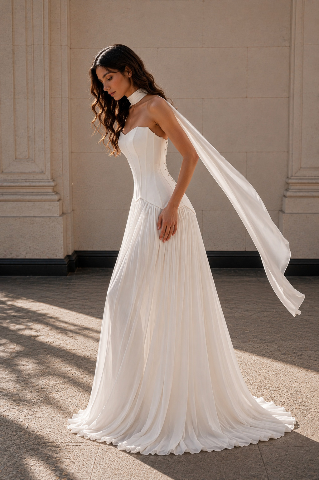 Women’s White Strapless Corset Chiffon Wedding Dress Bridal Maxi Gown