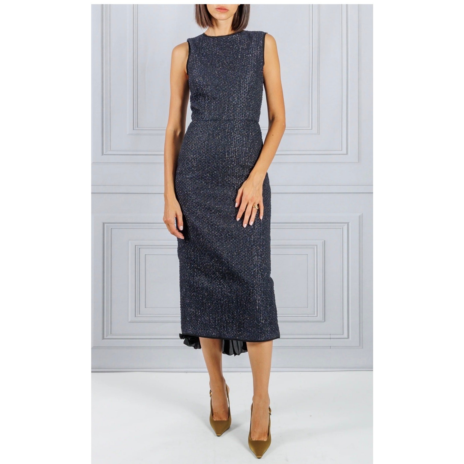 Mantu Metallic Tweed Boucle Midi Sheath Dress in Blue Black IT 40 US 4